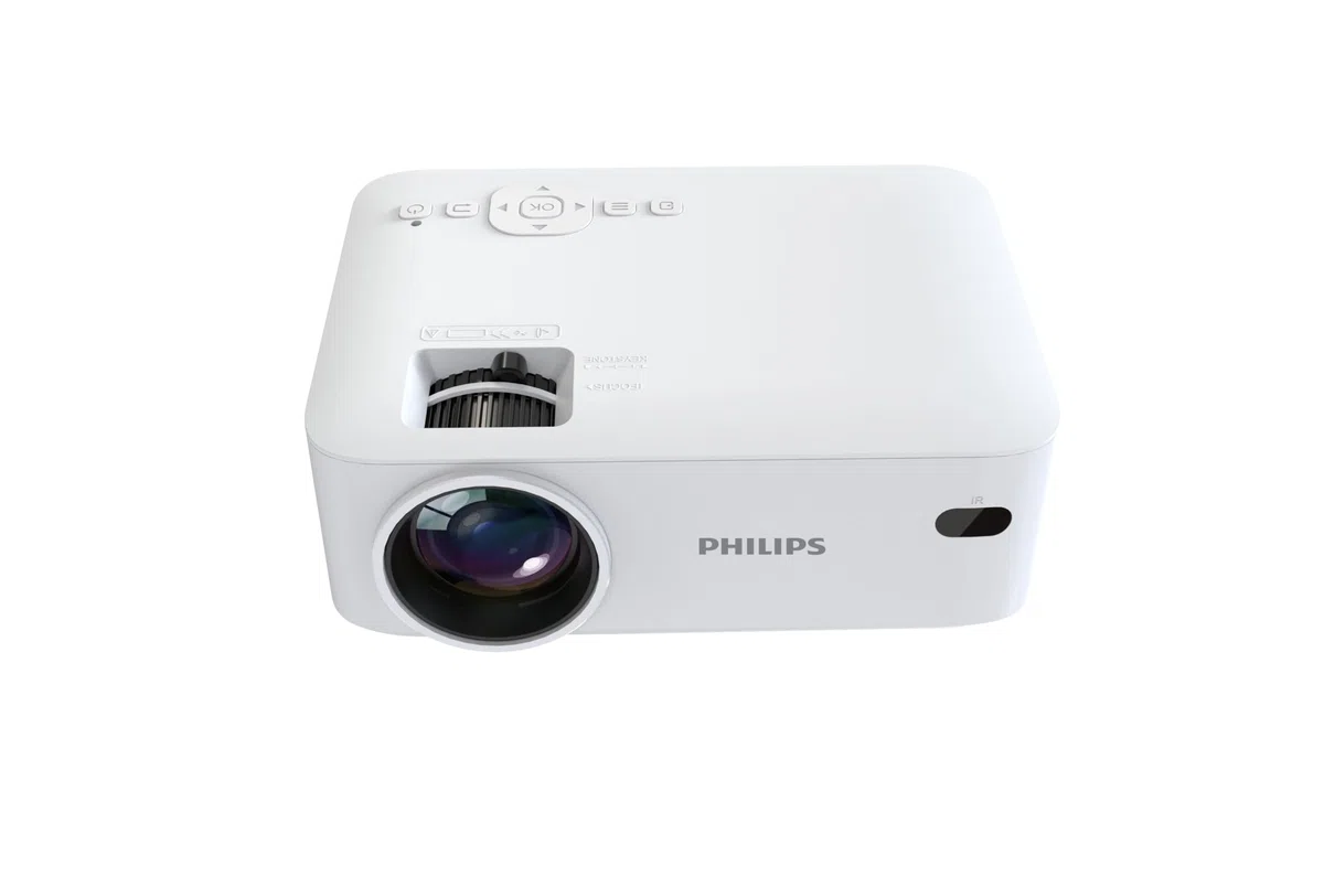 Philips NeoPix 100, Videoproiettore Fisso, Schermo da 65" (165 cm), LED, Altoparlanti Stereo Hi-Fi Incorporati, Connettività USB, HDMI e Cavo Jack da 3,5mm, Compatto, Bianco