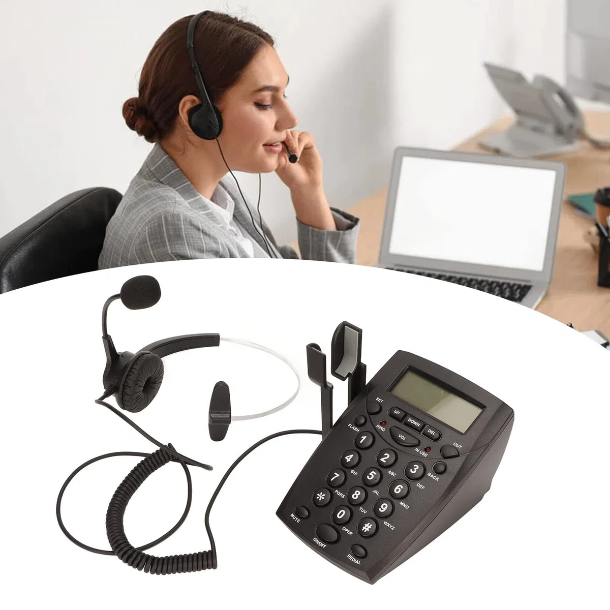 Bewinner Cuffia con Tastierino per Call Center Telefono, Telefono con Filo con Tastierino per Cuffie Cancellazione del Rumore FSK DTMF ID Chiamante, Cuffie Telefoniche per Call Center da Casa Ufficio