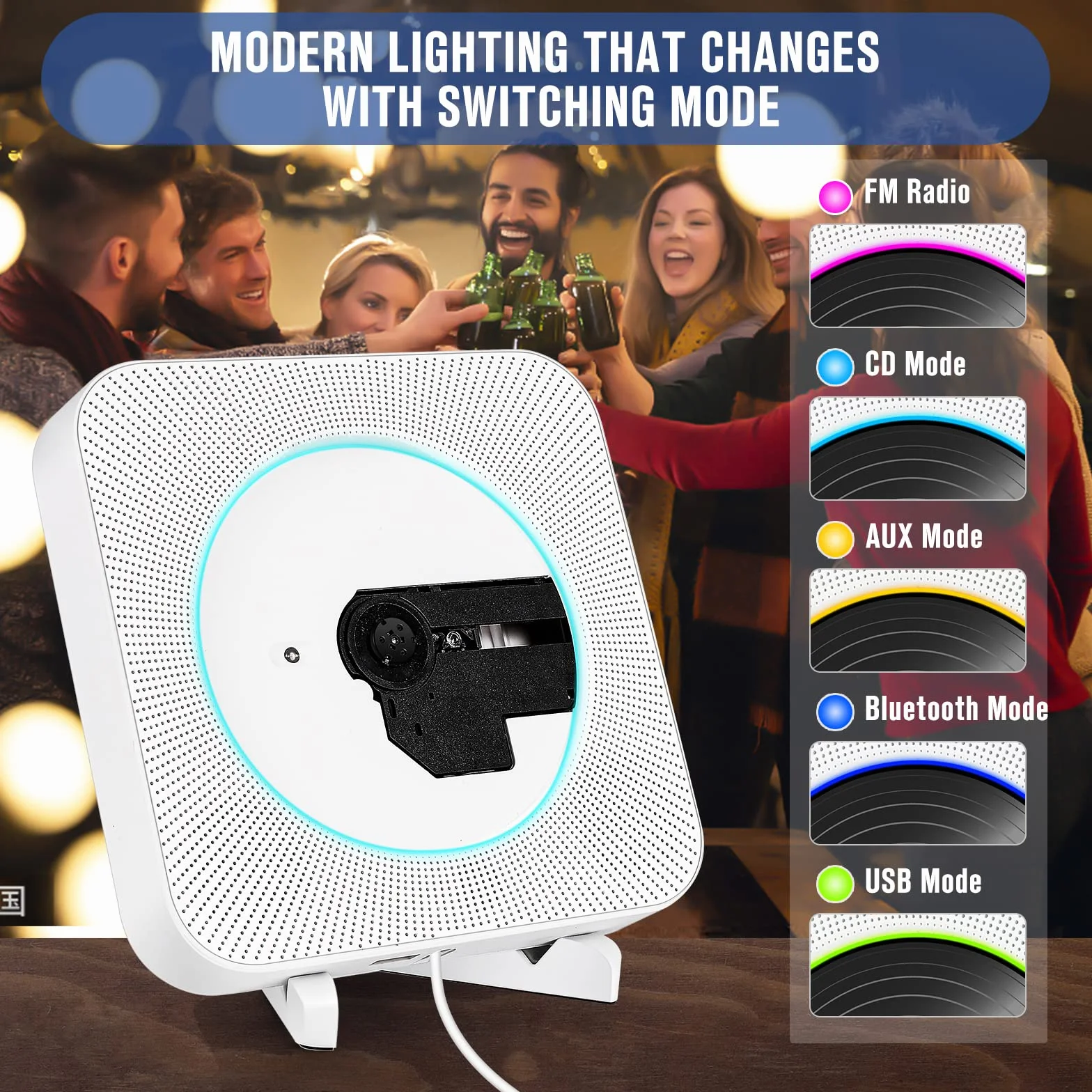 Lettore CD Bluetooth montabile a parete, lettore musicale CD portatile con doppi altoparlanti, lettore CD da parete/da tavolo con linea di interruttori di alimentazione, AUX/USB (Bianco)