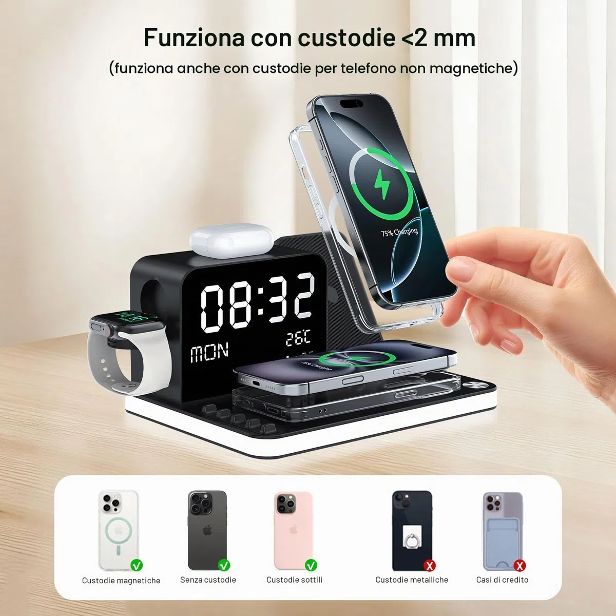Caricabatterie wireless 7 in 1 con orologio, temperatura e data, compatibile con iPhone 17/16/15/14/13 Pro Max, AirPods e Apple Watch, compatibile con Samsung S25/S24, luce notturna regolabile, 33W