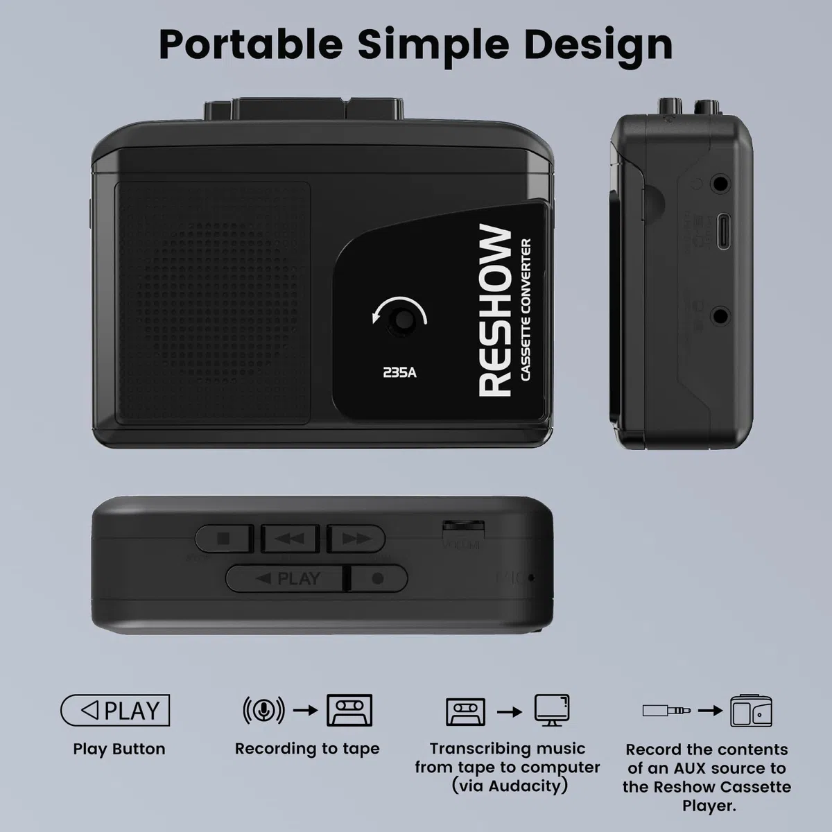 Reshow Lettore Di Cassette Portatile, Convertitore USB Da Cassetta A MP3, Microfono E Altoparlante Integrati, Registrazione Inversa, Registratore Di Cassette Con Cuffie, Nero