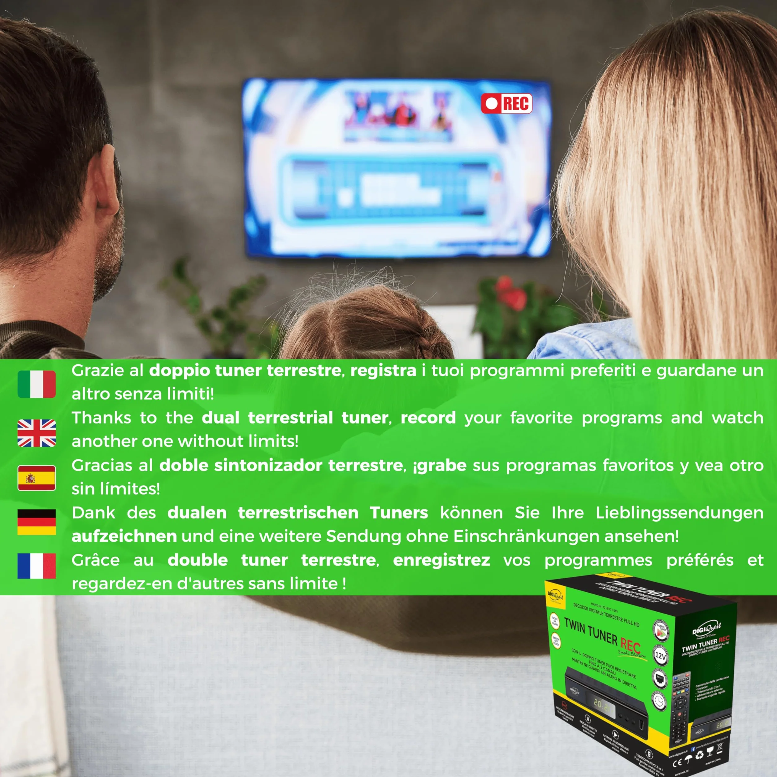 Digiquest Twin Tuner REC - Decoder Digitale Terrestre DVB-T2, Full HD, Funzione di Videoregistratore, Timeshift, Alimentazione 12V, Small Edition, Compatto, Nero