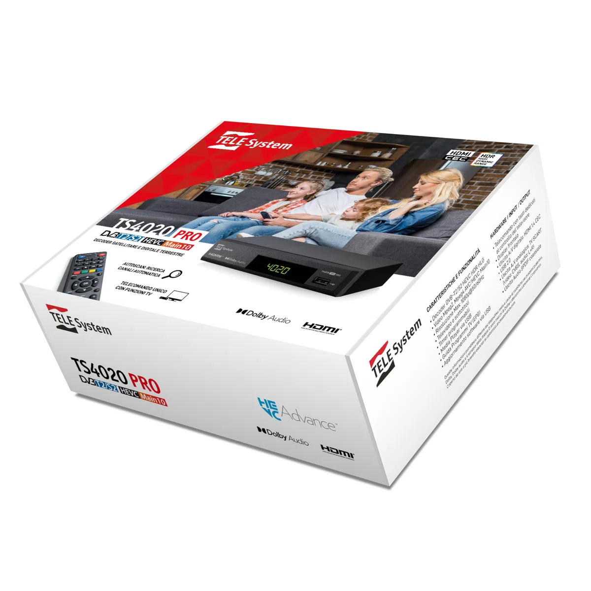 Tele System Decoder Digitale Terrestre e Satellitare 2025 TS4020 PRO, DVB-T/T2 e DVB-S/S2 HEVC HD HDR10 HLG, Decoder TV con Telecomando Unico per ricevitore e TV. USB Media Player.