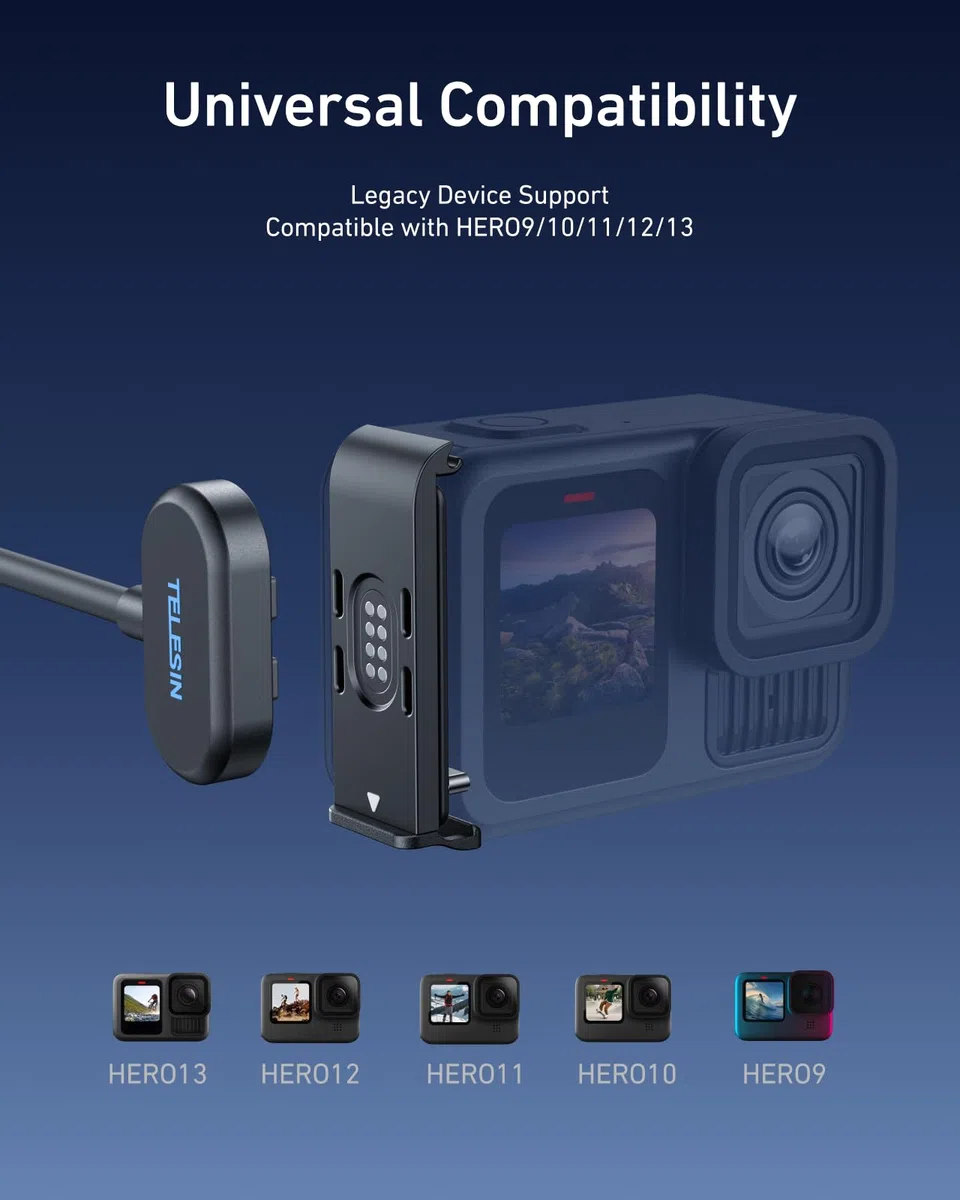 TELESIN Contatto magnetico (kit porta e cavo di alimentazione) per GoPro Hero 13/12/11/10/9 Nero, Copertura porta laterale impermeabile IPX5 con cavo di ricarica da 1,2 m, Accessori Go Pro
