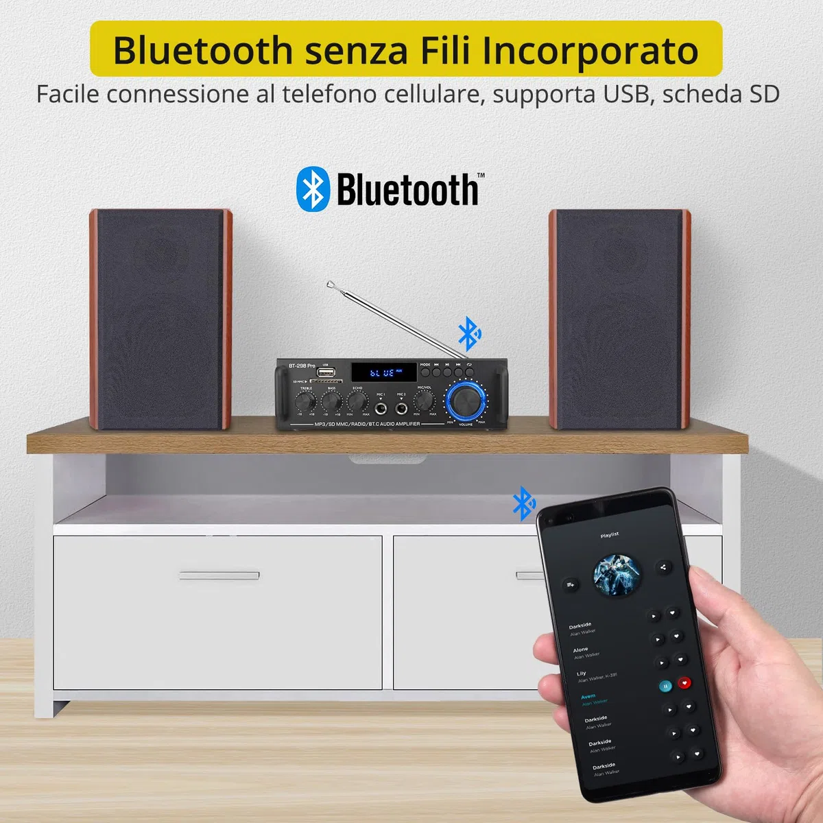 PROZOR Amplificatore Stereo Bluetooth a Due Canali Amplificatore HIFI con Più Modalità di Ingresso e Uscita Amplificatore Audio 50W+50W con Mini Telecomando Amplificatore per Karaoke Home Cinema