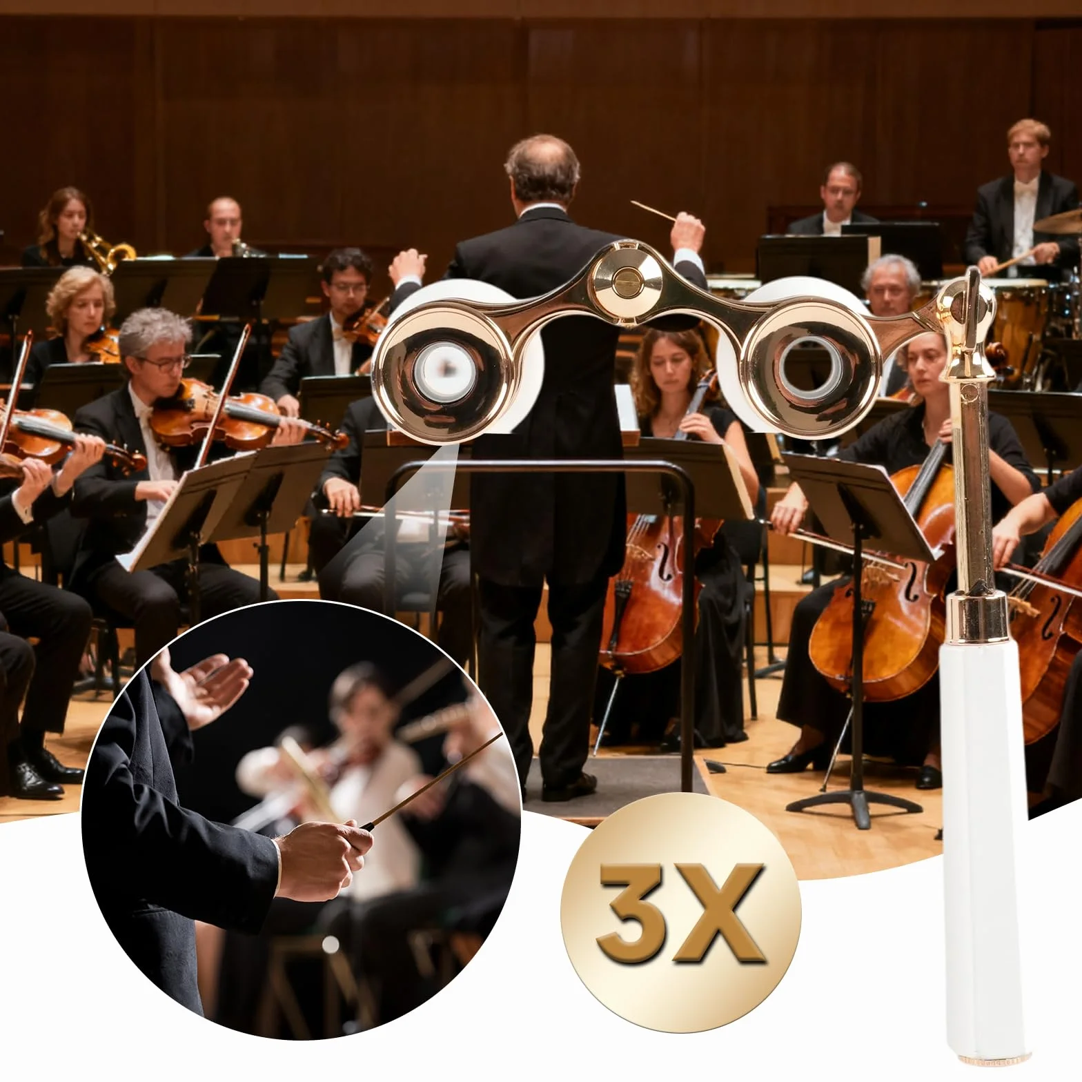 Binocolo da Teatro 3x25 Bianco - Vintage Portatile con Manico e Catena, per Opera, Concerti e Regali