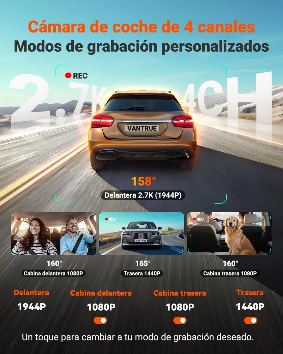 VANTRUE N5S Telecamere Auto STARVIS 2, 4 canali Dash Cam 2.7K+ Dual 1080P+ 1440P anteriore, interno e posteriore,VANTRUE Kit cablaggio USB-C regolabile con 2 stadi per Dashcam N5/N4/E3/E2/E1/N2S/N2 Pr