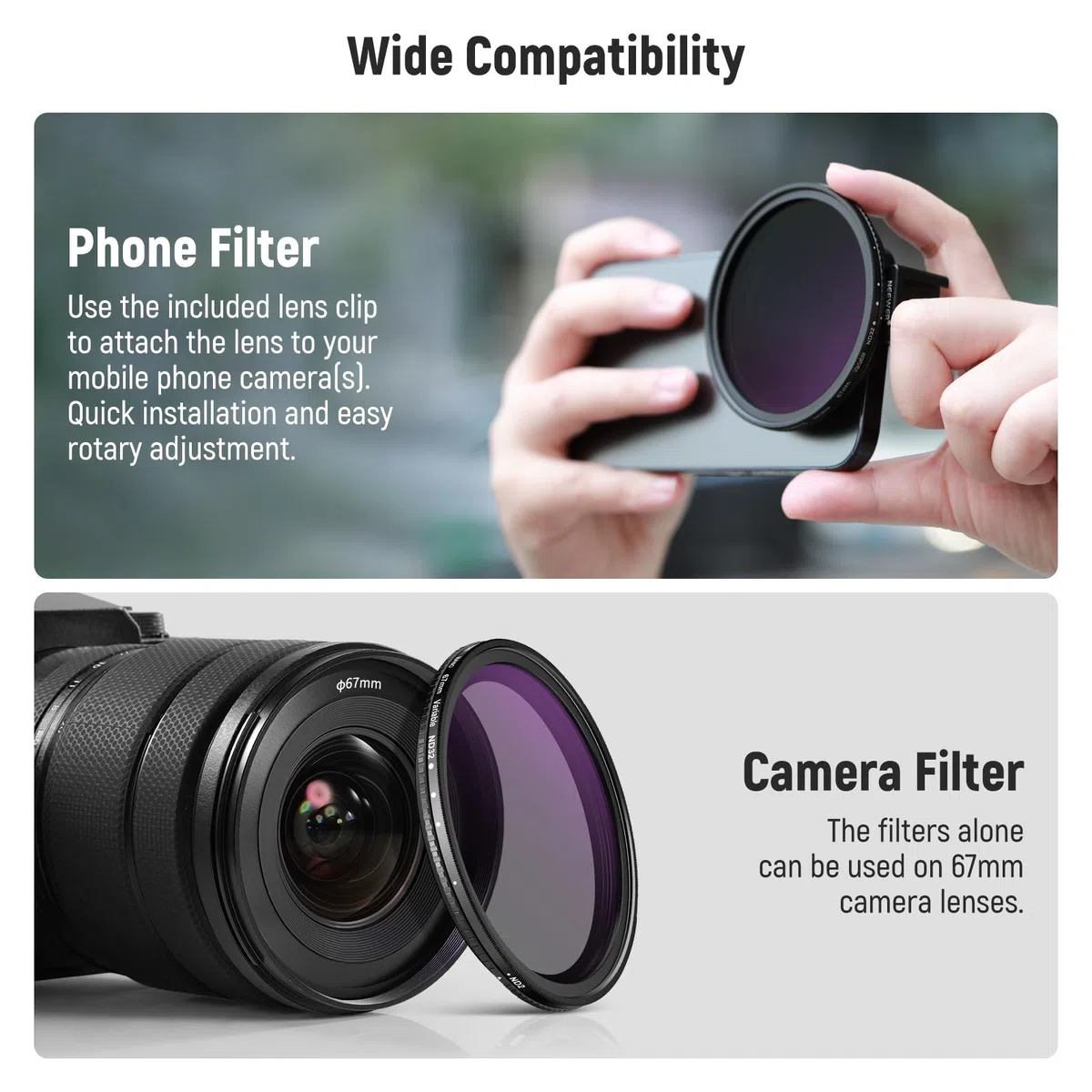 NEEWER Kit 67mm Filtri ND2-ND32 Variabile per Lenti Telefono, Phone Clip con Cold Shoe, Filtro ND Variabile HD per iPhone 17 16 15 Pro Max 14 13 Galaxy S24 S25 Ultra