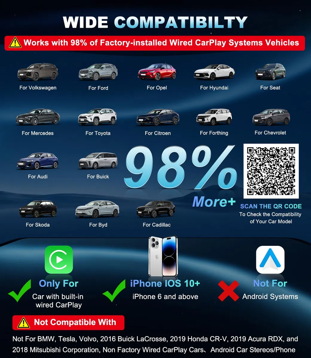 Adattatore CarPlay Wireless per Apple, Converte l'adattatore Cablato in Wireless CarPlay, Plug & Play, Solo CarPlay Dongle Stick per Auto con Car Play Cablato e per iPhone iOS 10+