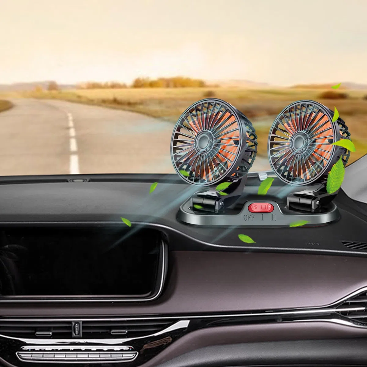 Ventilatore elettrico per auto, ventole rotanti a doppia testa a 360 gradi, ventilatore elettrico del veicolo da 12 V/24 V, ventilatore per auto di raffreddamento USB interno, ventilatore