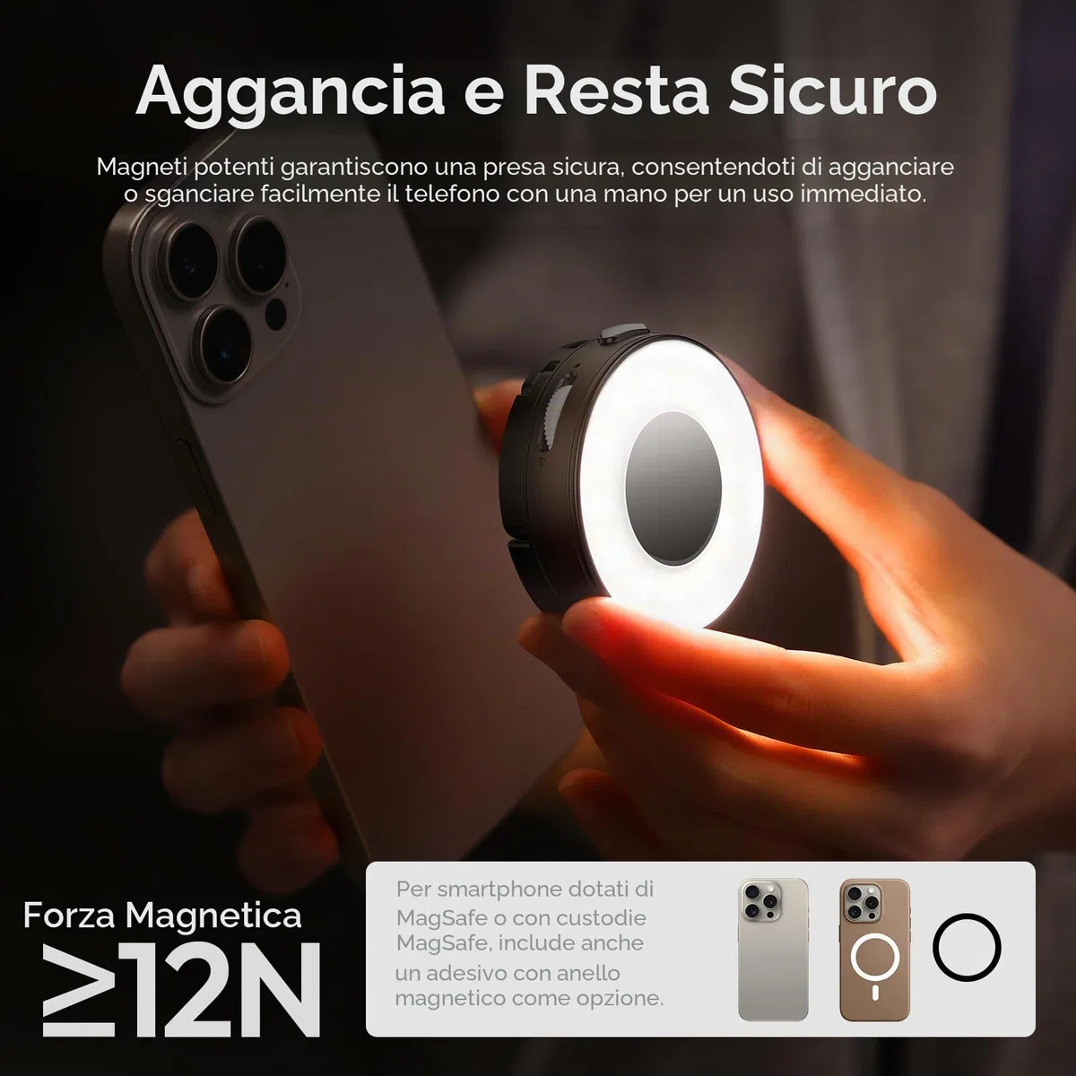 ULANZI ML05 Luce selfie per telefono, Luce ad anello magnetica per selfie con specchio, 9000K CRI≥97, Ring light portatile per smartphone ad angolo completo per viaggi, vlog, foto e video, Nero