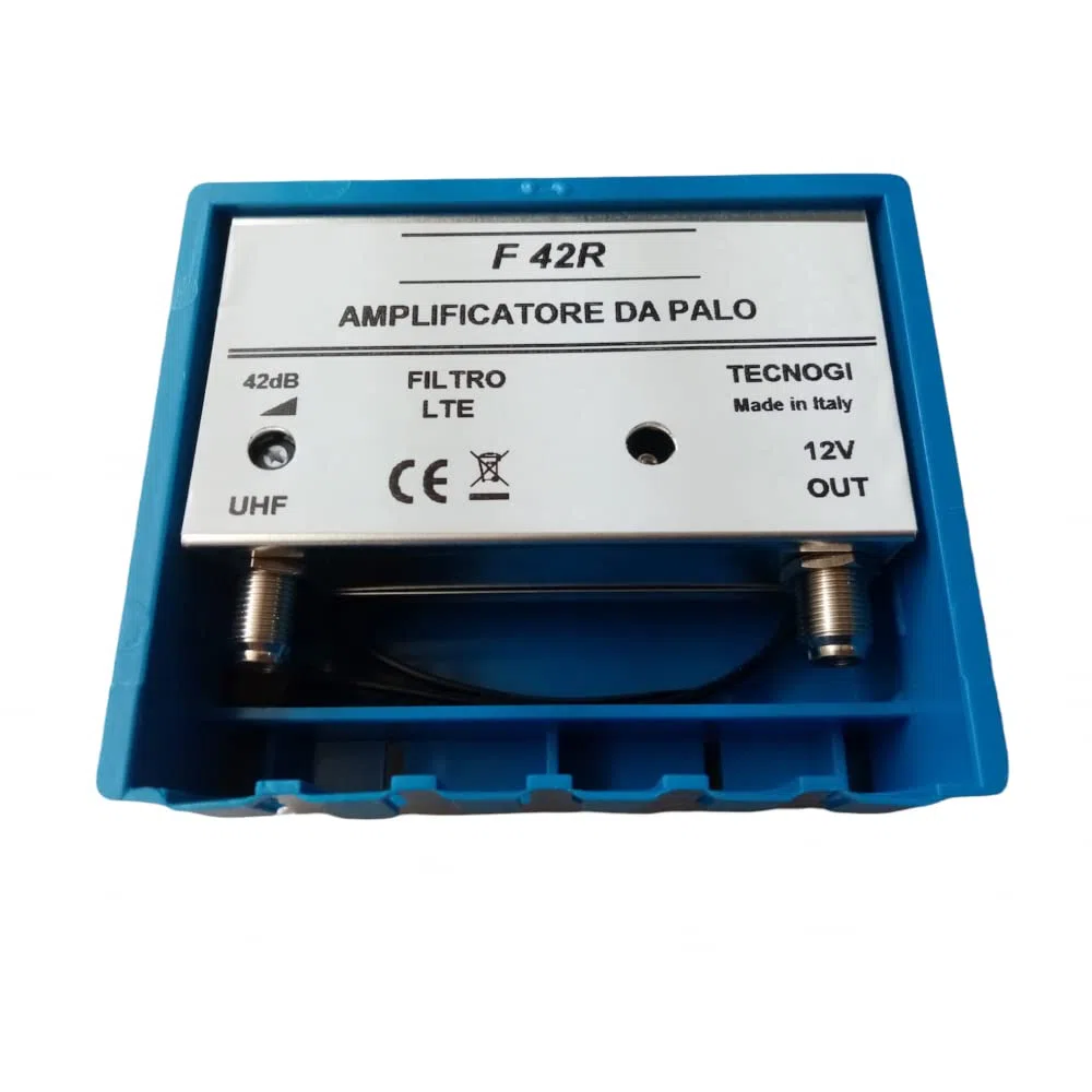 Kit Amplificatore Antenna TV da Palo 42 dB + Alimentatore 12V 100 mA, Filtro Lte/5G, Regolabile