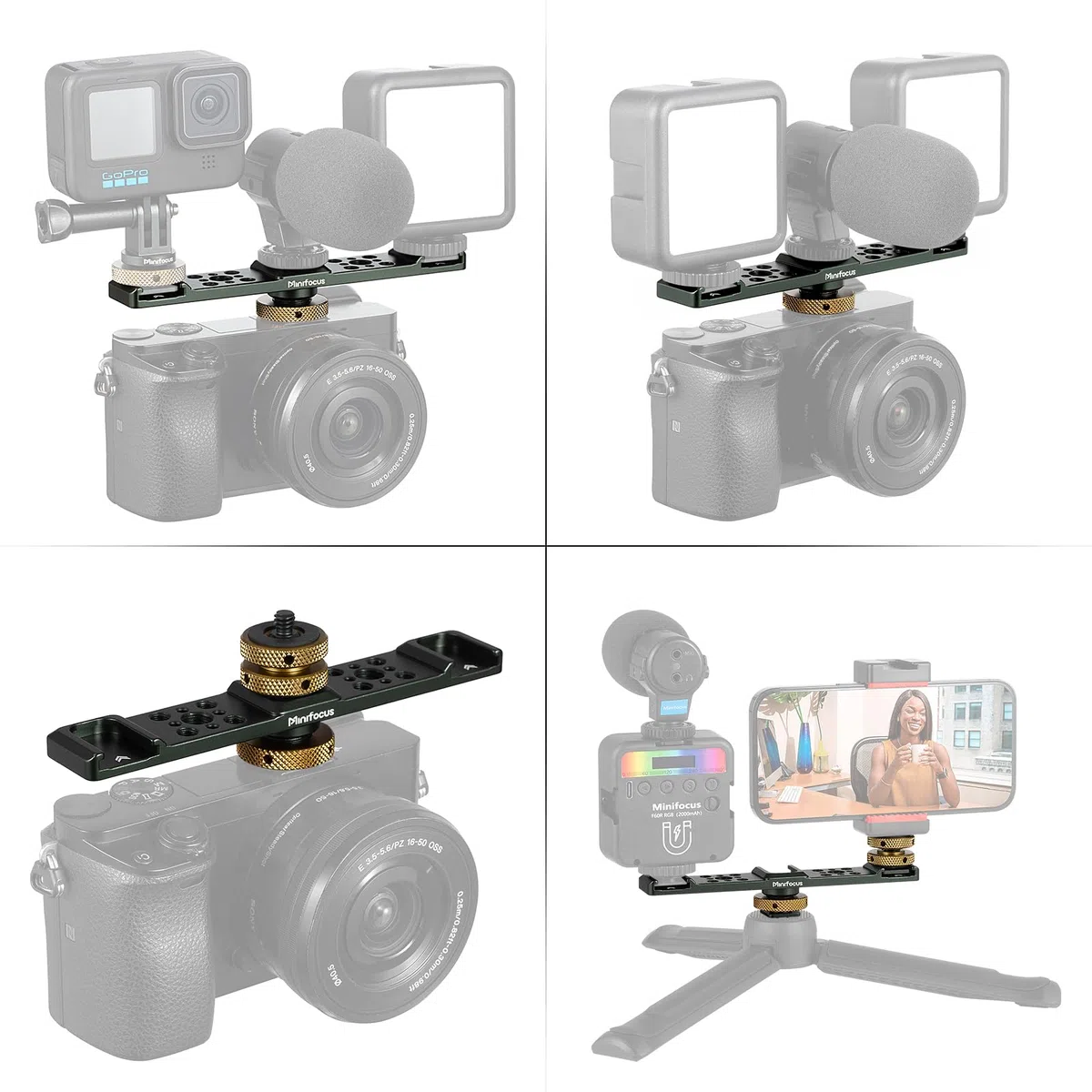 MINIFOCUS Supporto a barra di estensione per slitta fredda tripla, staffa di montaggio hot shoe in lega di alluminio con fori filettati da 6,35 mm per fotocamera DSLR, microfono, treppiede, luce video