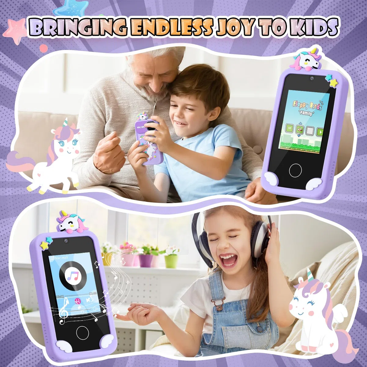 Cellulare per Bambini con Touchscreen Doppia Fotocamera Lettore Musicale MP3 Scheda TF 32 GB Cover in Silicone e Cordino per Ragazzi e Ragazze