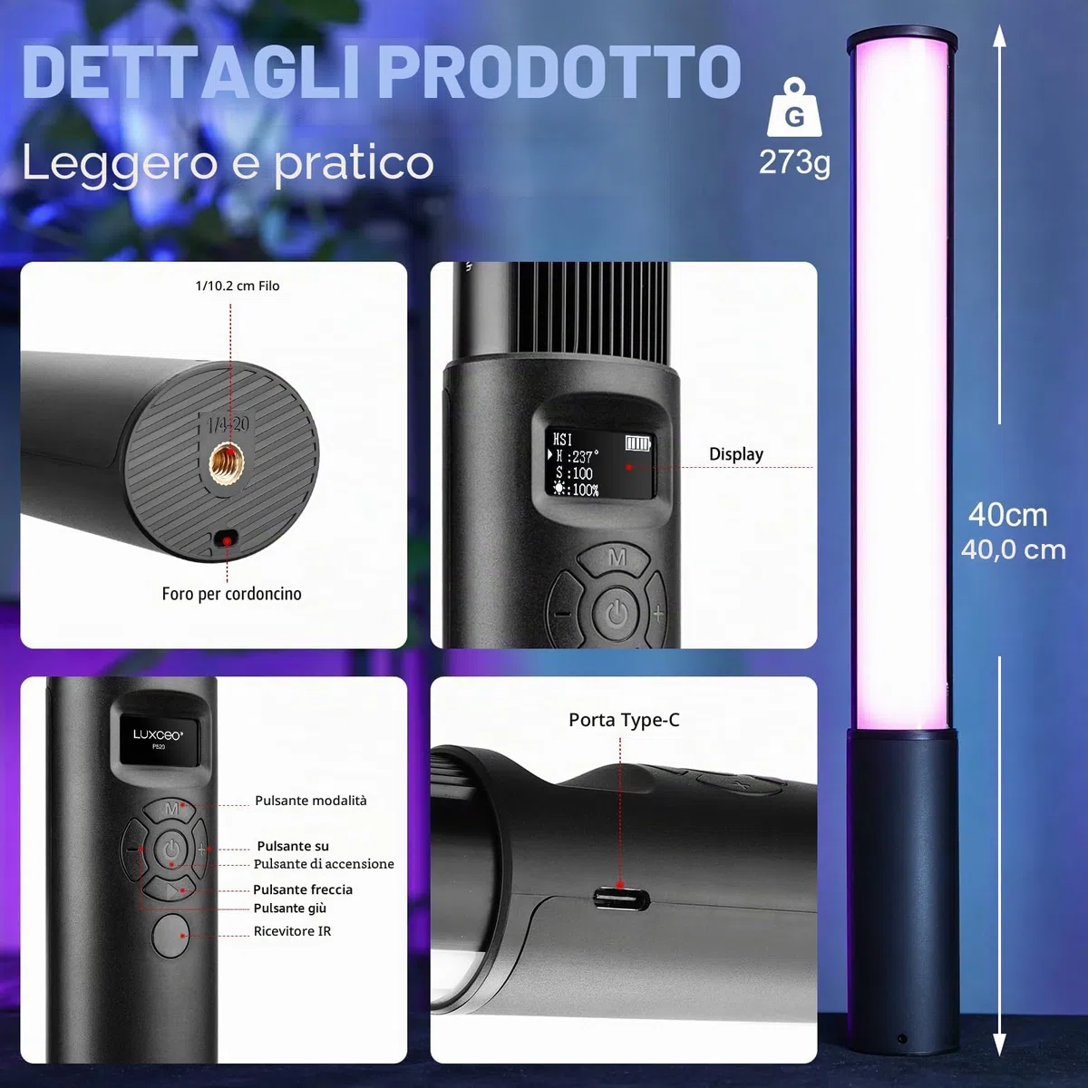 LUXCEO P400 Luce video LED portatile, luce per fotografia a LED, Dimmerabile 2500K-6500K Temperatura di Colore con Batteria Integrata, faretto fotografico con LCD Display, CRI95+, 12 Fx effetto luce