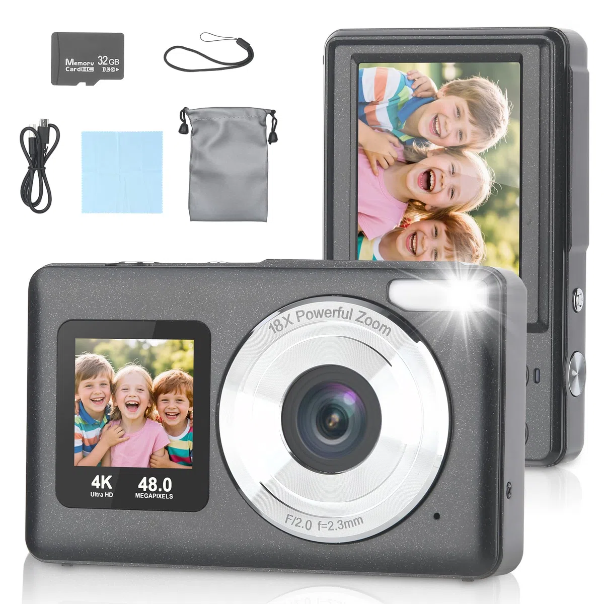 Fotocamera digitale, fotocamera portatile ad alta definizione 1080P con zoom 16x e stabilizzazione, include scheda di memoria interna da 32 GB, fotocamera compatta e leggera.