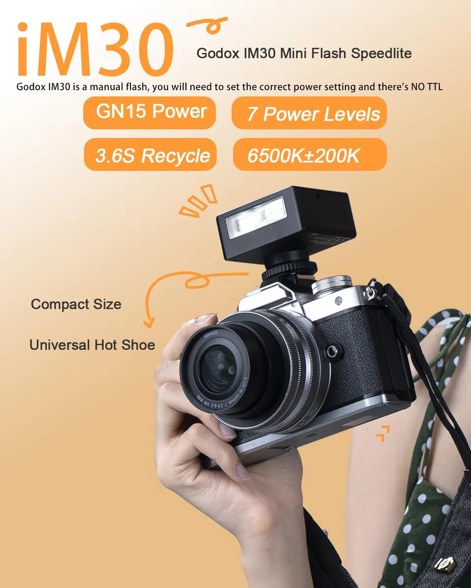 Godox iM30 Godox Flash GN15 con 7 livelli, CCT 6000K ± 200K, IM 30 mini flash manuale per Sony zv1/Sony zve10/Canon/Ricoh gr3/Fuji f1-230 flash full-power