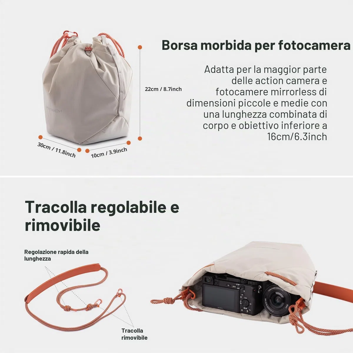 PGYTECH OneGo Borsa a Tracolla per Fotocamera con Coulisse, Custodia Morbida Compatibile con Fotocamere Mirrorless Nikon/Canon/Sony/Fuji/Action/DJI OSMO Pocket 4/3, Bianco
