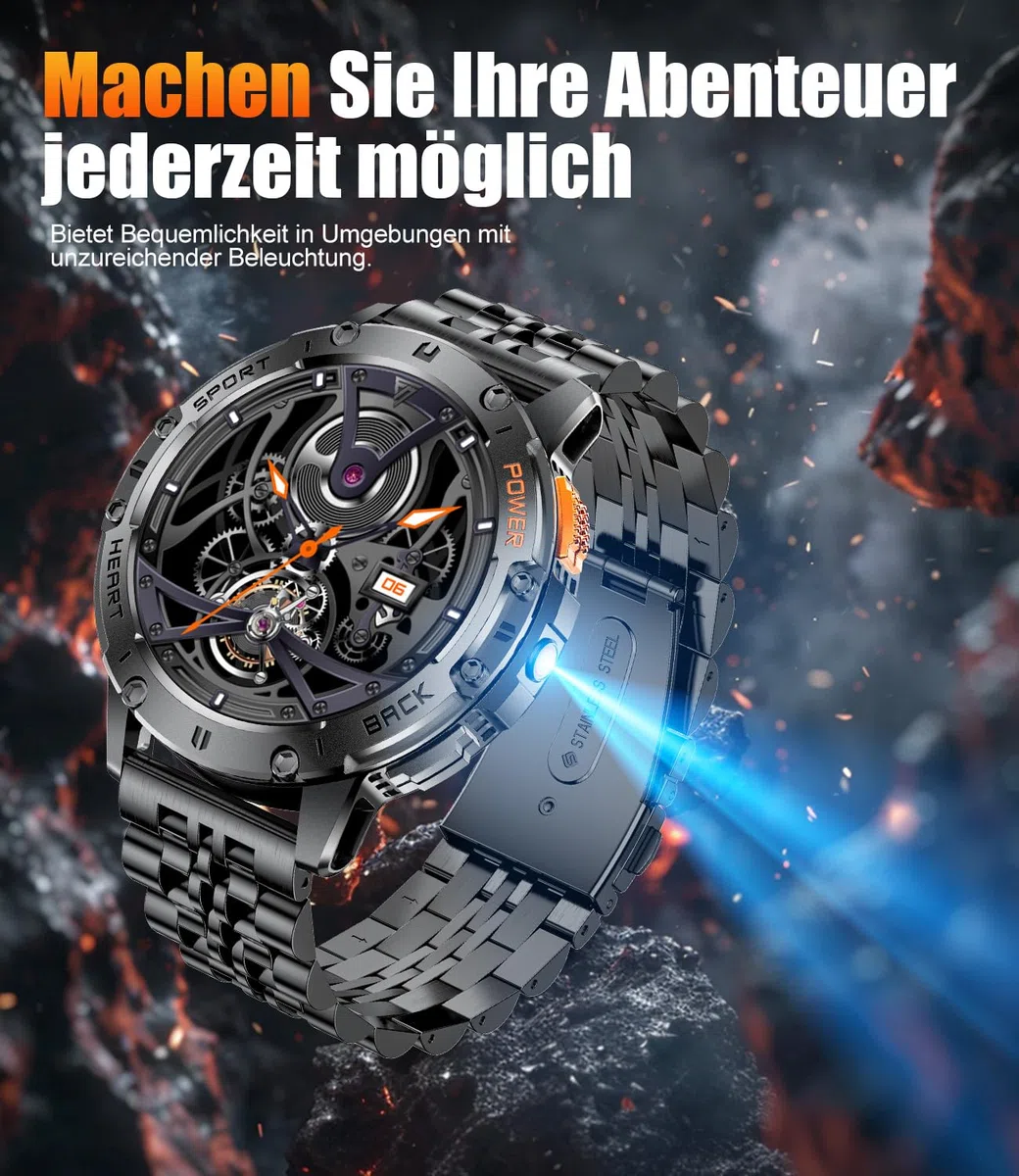 ESFOE Smartwatch Uomo, 1.43" AMOLED Smartwatch Militare Uomo Fitness con Chiamate Bluetooth Orologio Intelligente Impermeabile 5ATM/120 Modalità Sportive/530mAh/Torcia/Cardiofrequenzimetro, Mezzanotte