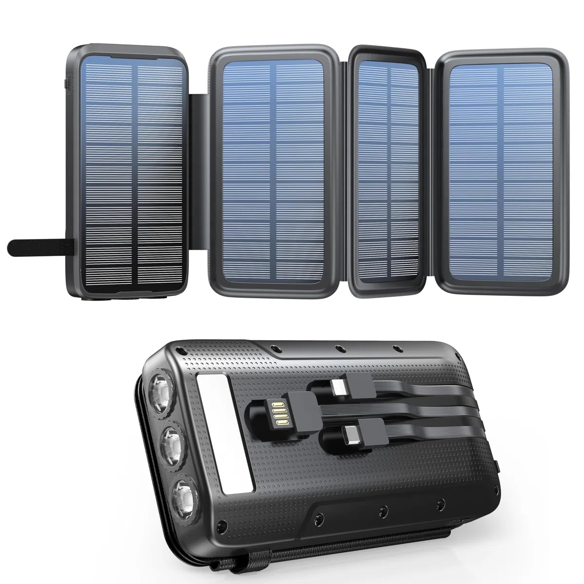 Powerbank solare 20000 mAh, caricatore solare con 3 cavi QC4.0 22,5 W, USB C 20 W, funzione di ricarica rapida, con 4 pannelli solari e 3 torce a LED per smartphone, tablet, campeggio(Nero)
