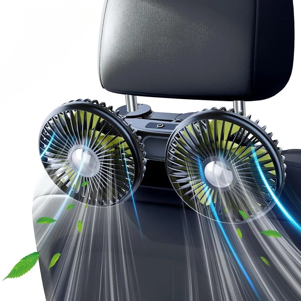 Ventilatore per auto per sedile posteriore, 2000 mAh, ventola per sedile posteriore, regolabile, doppia testa, USB, ventole portatili per auto con 3 velocità, ventilatore per seggiolino auto,
