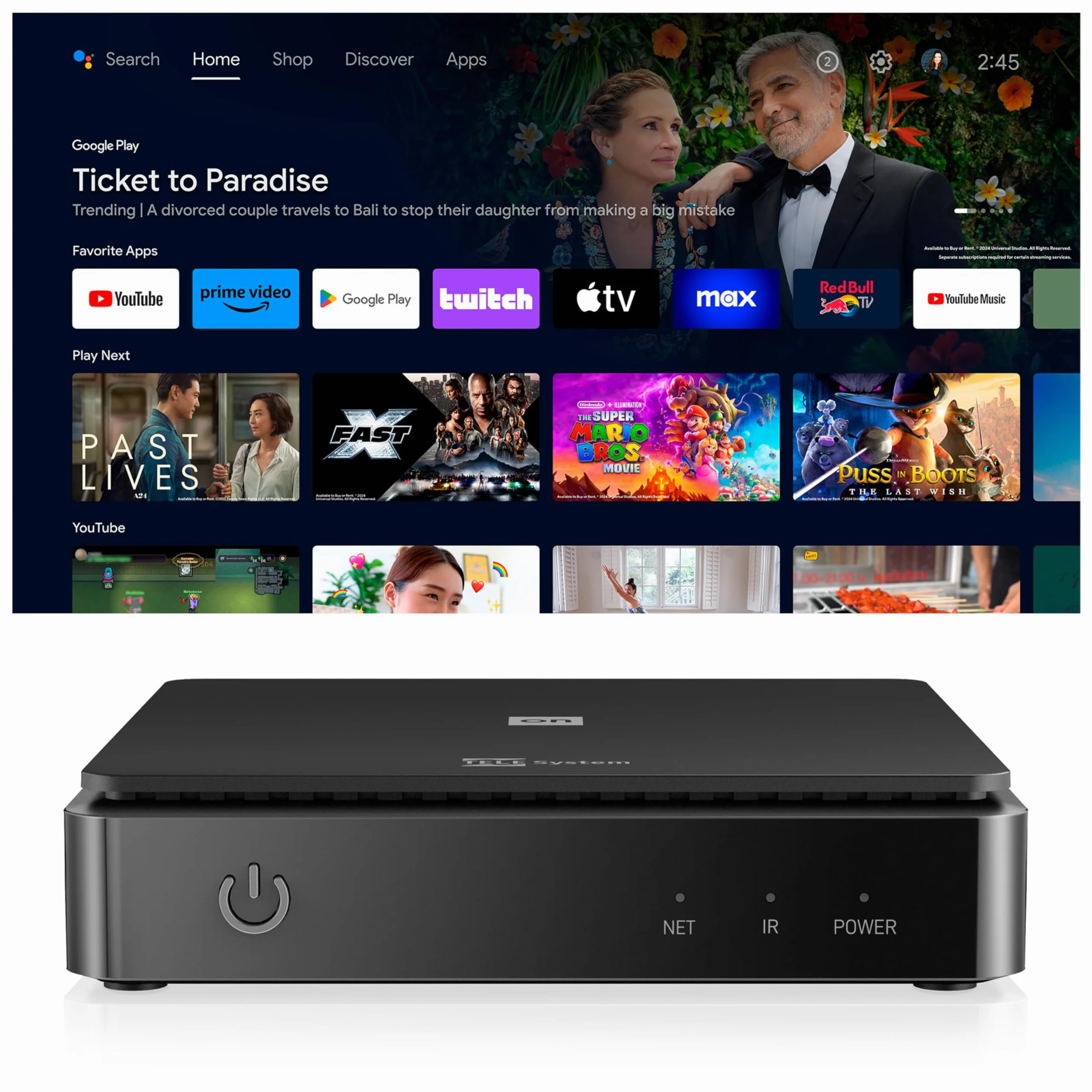 TELE System ON T2 HD: Decoder digitale terrestre Android TV, Smart TV Upgrade, Tuner DVB-T2 HEVC HDR10+HLG, HDMI, SCART Adapter Incluso - Certificato Google