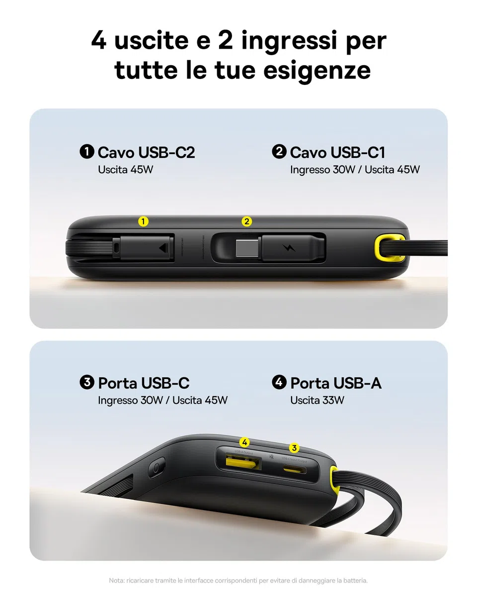 Baseus Powerbank 45W 20000mAh con 2 Cavi USB-C Integrati, Ricarica Rapida Power Bank PD3,0 QC4,0, 3 C 1 A, Caricatore Portatile per iPhone 17/16/15 Pro Max, iPad, Samsung, Nero