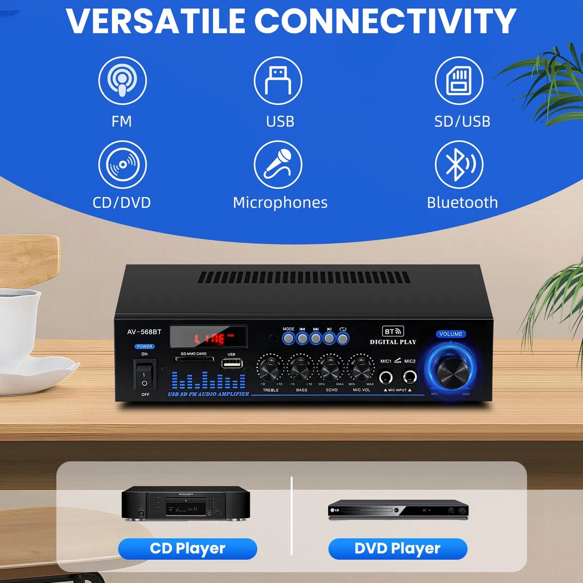 Amplificatore Bluetooth 5.0 1000W RMS 60W X2 Stereo con Telecomando e Mini Display LCD, 12V/220V, 2.0 Canali con Ingresso USB/RCA/Scheda SD per Casa, Auto Audio Speaker