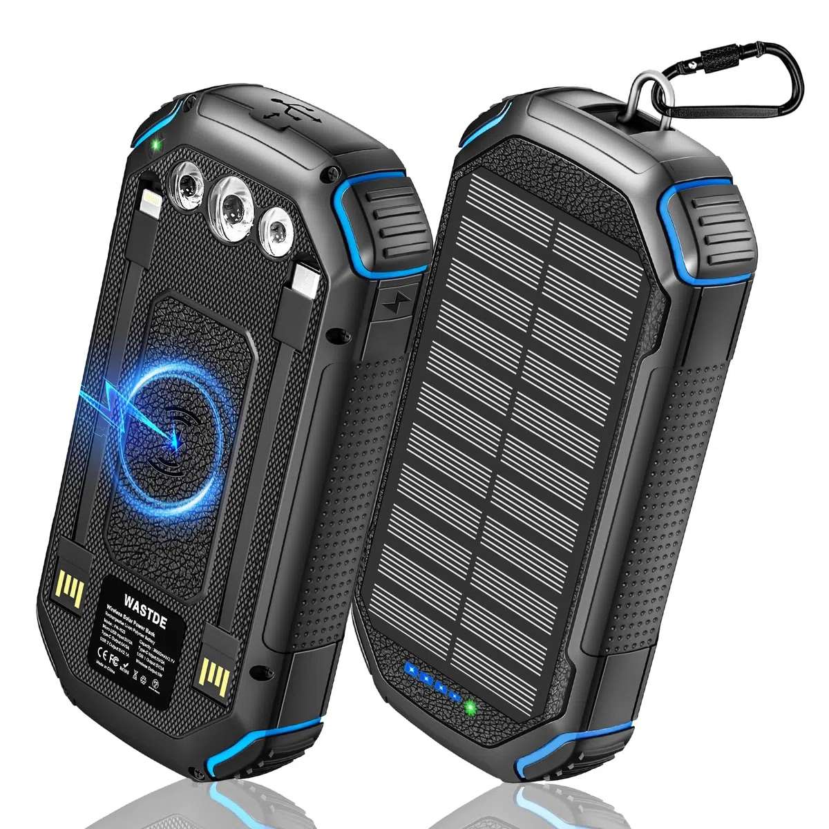 Powerbank solare wireless 26800 mAh con 3 cavi, Power Bank USB-C 15 W, ricarica rapida, 4 uscite, 3 ingressi per cellulare, caricatore solare per esterni, batteria esterna con torcia