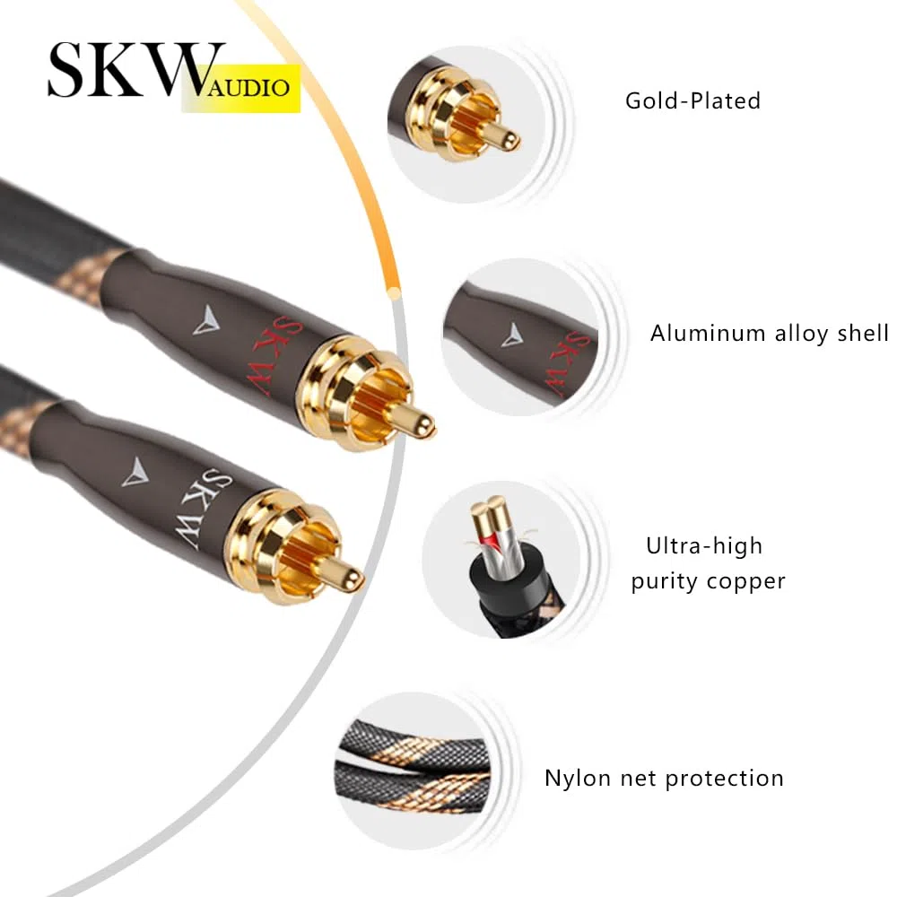 SKW, Cavo RCA da 2RCA maschio a 2RCA maschio per audiofili, per sistemi HiFi, con cavo di interconnessione con diametro di 7 mm (lunghezza di 2m, colore nero, in nylon)