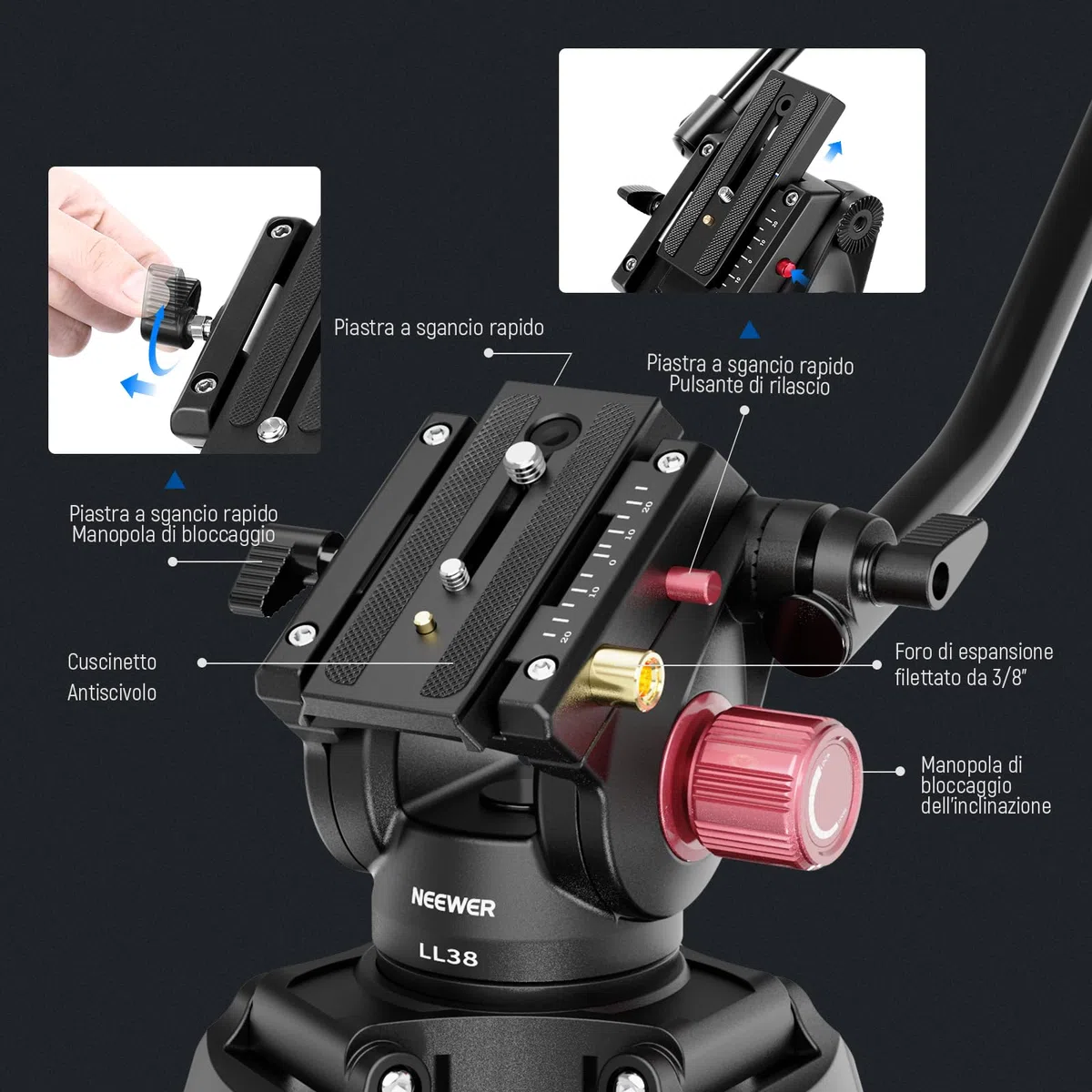 NEEWER LL38 2m Treppiede Video per Fotocamera con Testa Fluida e Panno Pulizia, Tripod in Metallo Robusto con Piastra a Sgancio Rapido in Un Passo Compatibile con Canon Nikon Sony Videocamera, Max 8kg