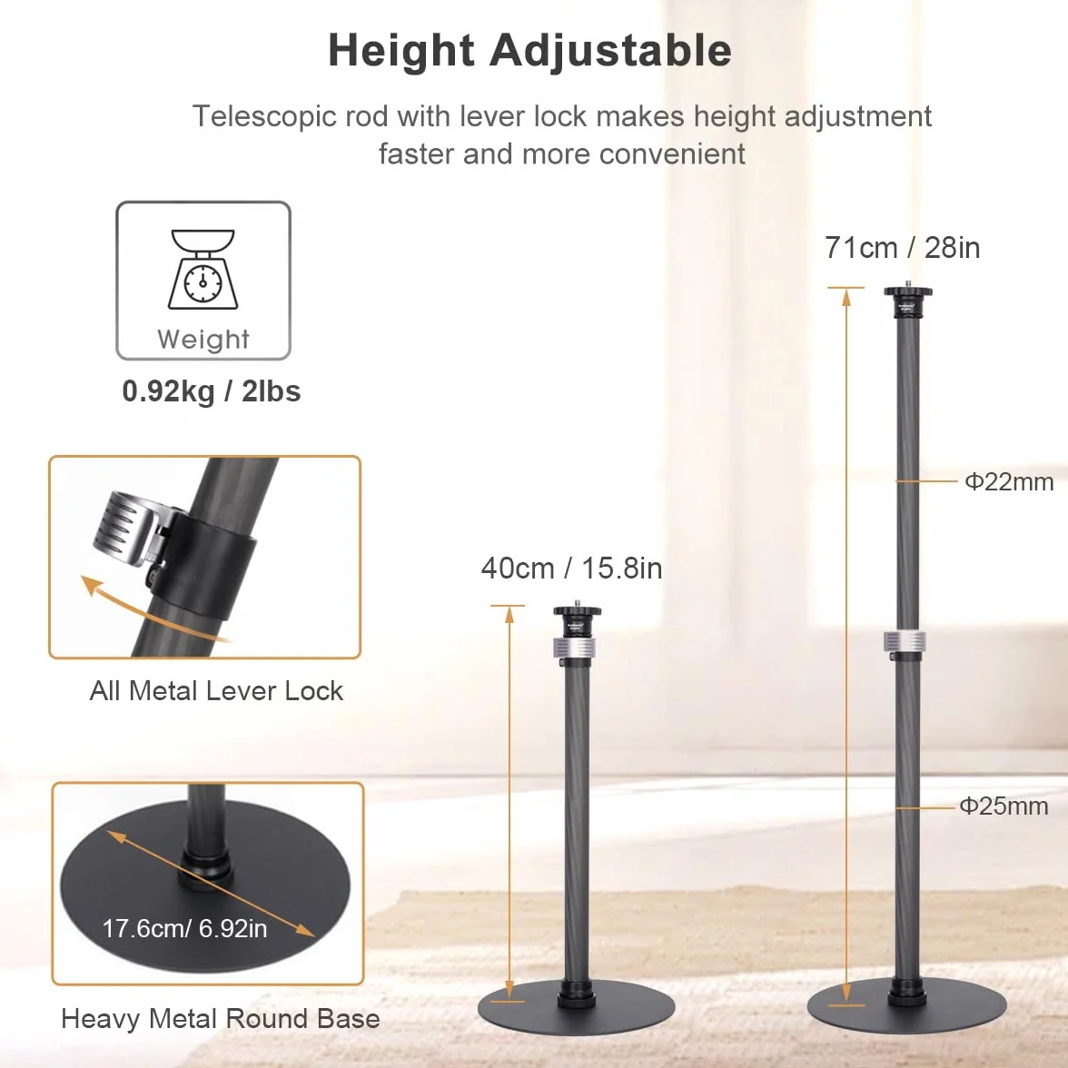 Koolehaoda Monopiede con Base Rotonda da 40-71cm, Monopiede da Tavolo, Tubo da 25mm in Fibra di Carbonio, Treppiede da Tavolo per Canon, Sony, Nikon Fotocamere e Luce Video (ST-2070)