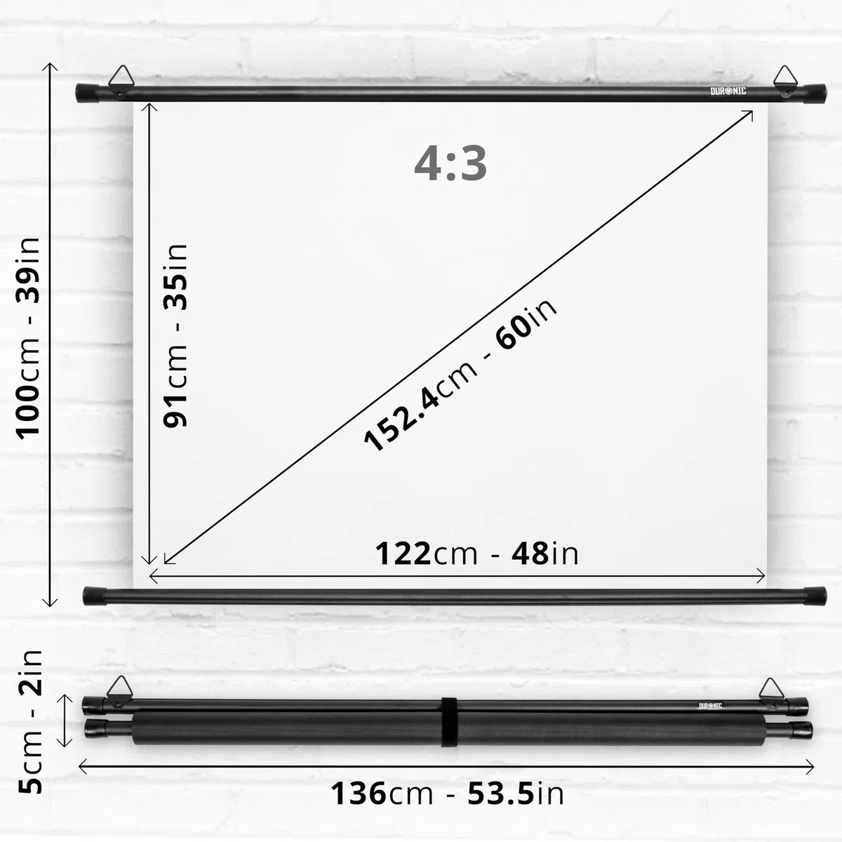 Duronic BPS60/43 - Schermo di proiezione HD da parete semplice da montare a parete, per scuola, teatro, cinema, casa, schermo da 60 pollici -4:3, bianco opaco (dimensioni: 122 x 91 cm)