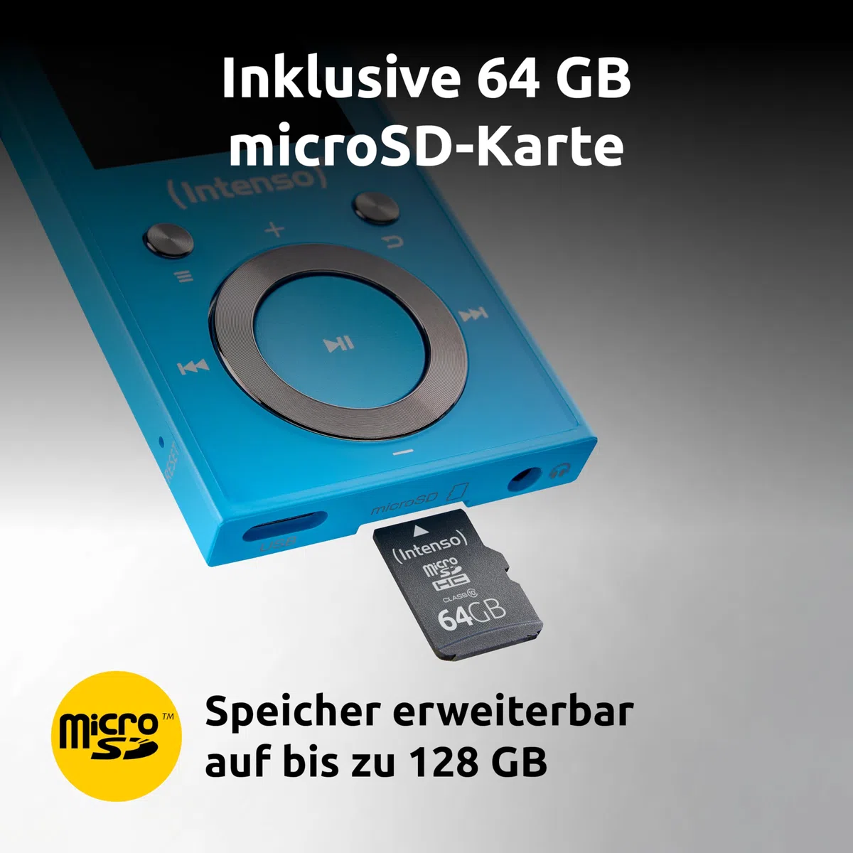 Intenso Lettore video BT MP3 con Bluetooth 5.0, display a colori da 1,8 pollici, microSD, USB C, fino a 18 ore, con cuffie, blu