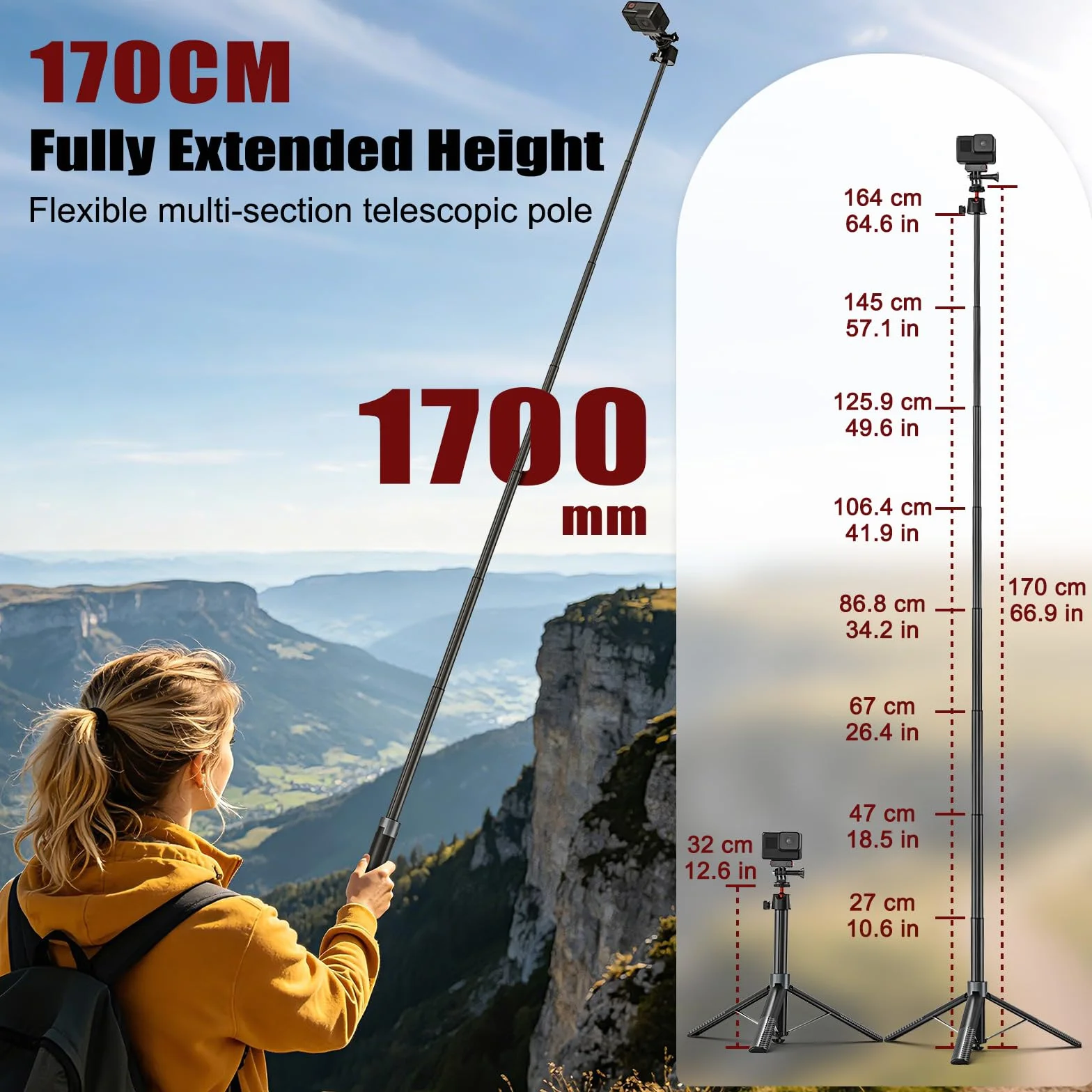 Bastone Selfie Treppiede 170cm per DJI Osmo Pocket 4 3 DJI Action 5 Pro/4 Insta 360 X5 X4 GoPro Hero 13/12/11/10 Black, Selfie Stick Treppiede da Viaggio/Supporto/Accessori 2-in-1 per Action Cam
