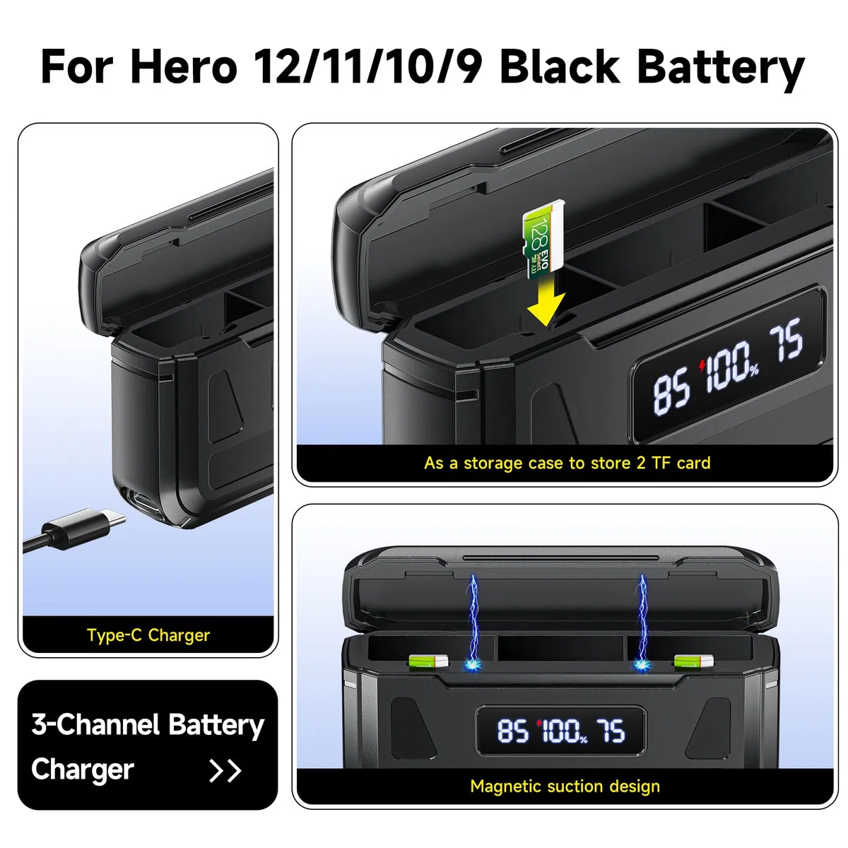 3 Hero 12 batterie 2000mAh con caricatore per Go-Pro Hero 12/11/10/9 Black, 3 canali, con display LCD, slot per schede TF, adatto a basse temperature, formato tascabileg