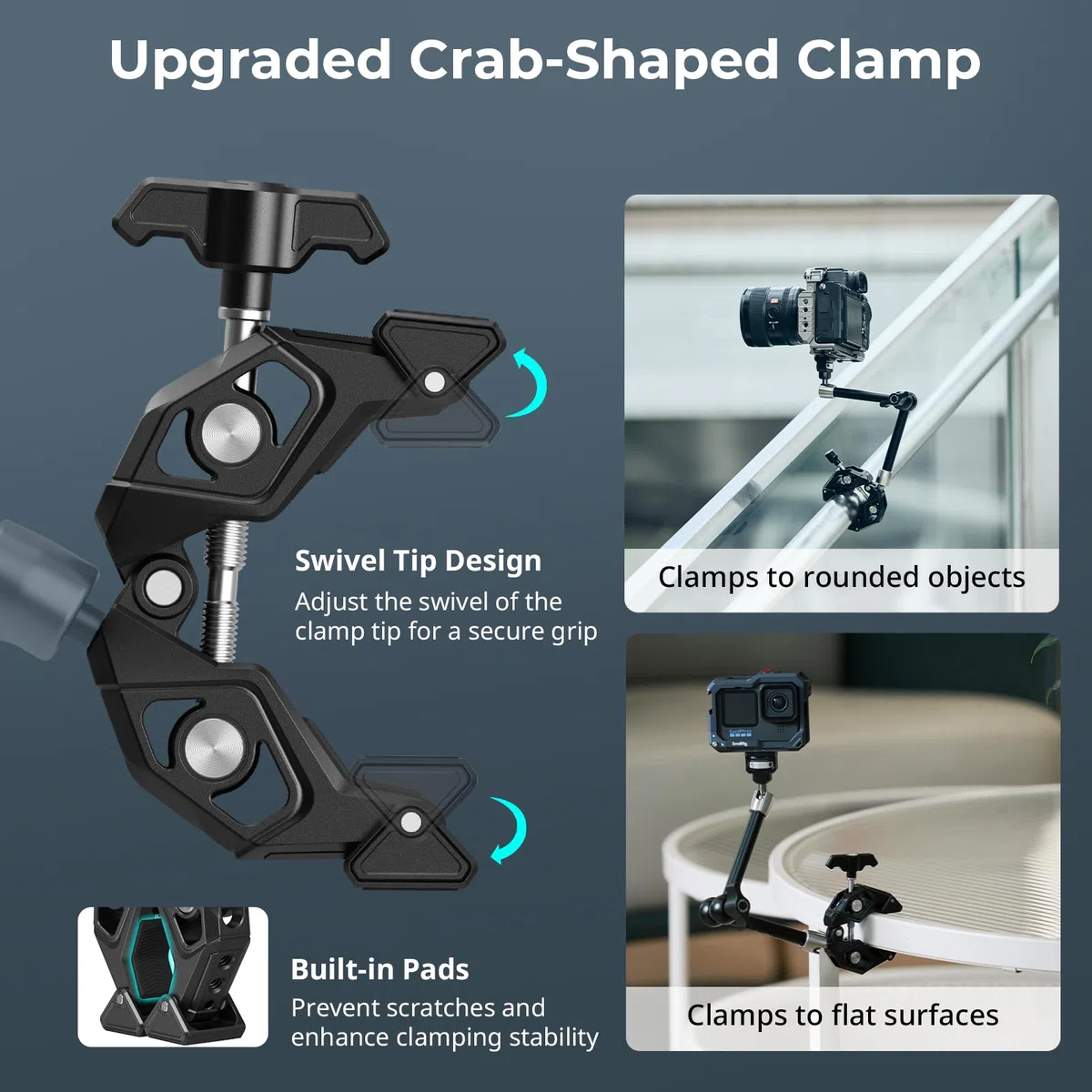 SMALLRIG Magic Arm Crab Claw Morsetto, con perno retrattile anti-deflessione, capacità di carico 1,5 kg per GoPro/per Insta360 / per DJI Action/per DSLR/per Light/per monitor/per telefono - 5312