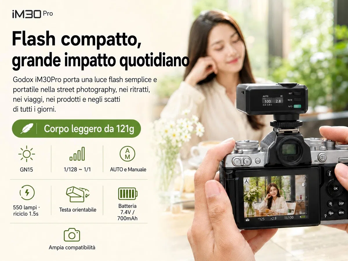 Godox iM30Pro iM30 Pro Mini Flash per Fotocamera, GN15 Flash Godox, AUTO e M, 550 Scatti, 1,5s, USB-C, Slitta a Contatto Singolo per Sony Canon Nikon Fujifilm Olympus Ricoh Leica Panasonic Pentax