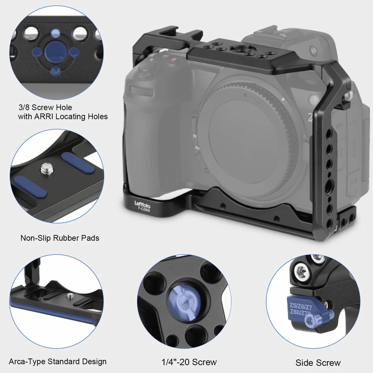 Leftfoto Gabbia per fotocamera Nikon Z6III/Z5/Z6/Z7/Z6II/Z7II, telaio di protezione per fotocamera con base Arca, gabbia video per riprese video Vlog