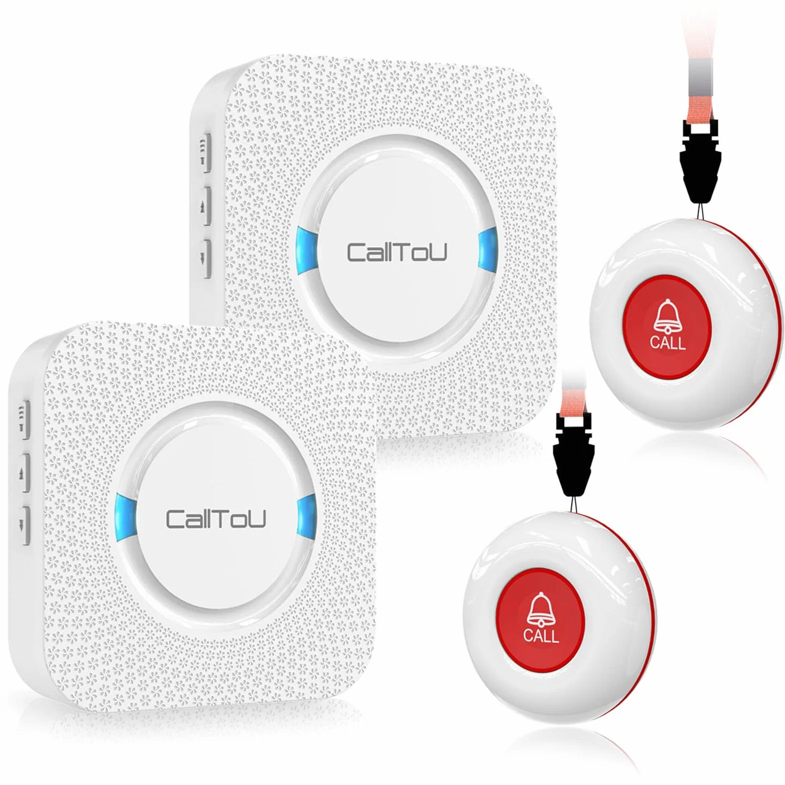 CallToU Pulsante di chiamata di emergenza Pulsante di chiamata wireless di allarme per infermieri Oltre 500 piedi per casa/anziani/pazienti/disabili (2 trasmettitori 2 ricevitori)