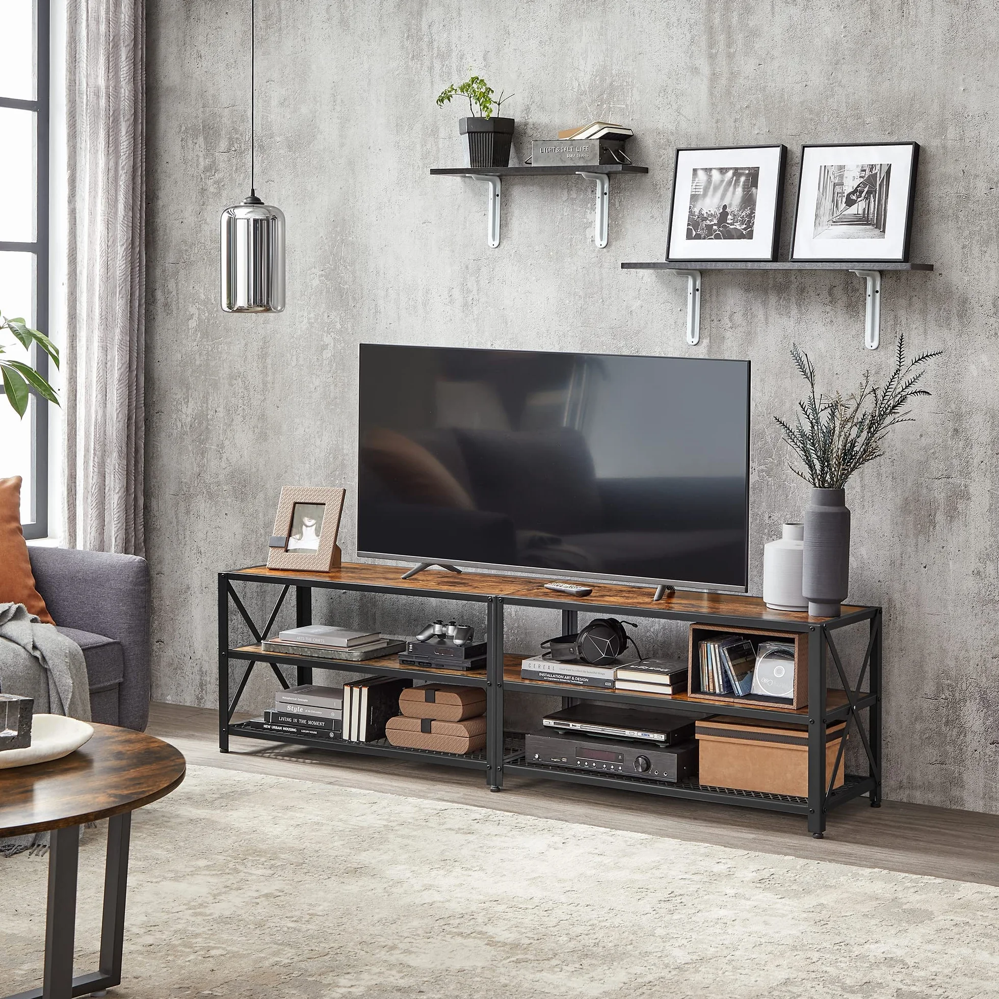 VASAGLE Mobile TV, supporto TV per TV fino a 75 pollici, tavolo da soggiorno, con ripiani in acciaio, per soggiorno, camera da letto, marrone rustico e nero LTV096B01