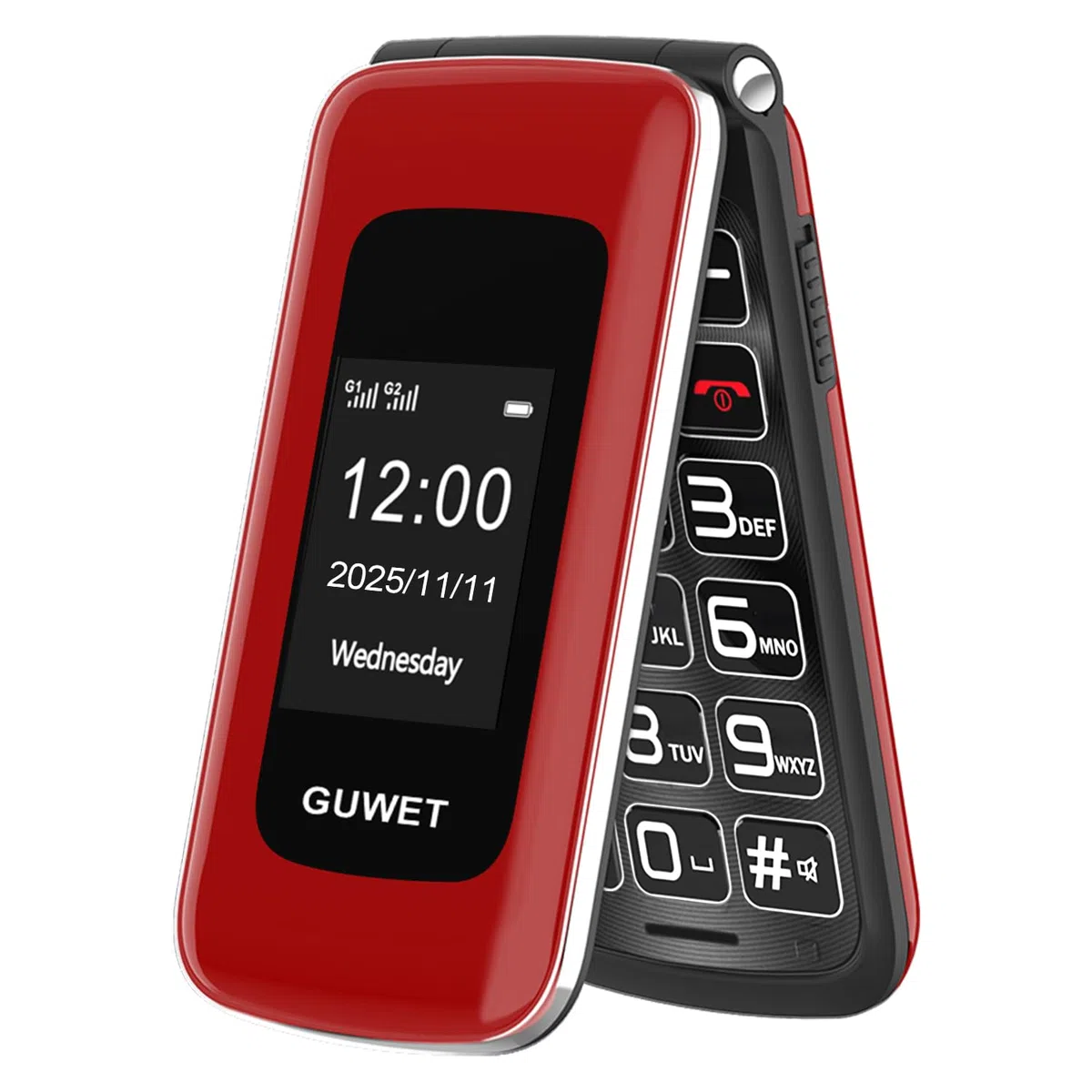 2G Telefono Cellulare per Anziani con Tasti Grandi, Flip Phone, Funzione SOS, Batteria da 1600 mAh, 2.4"+1.77" Doppio Display, Doppia SIM con doppio standby, Rosso.