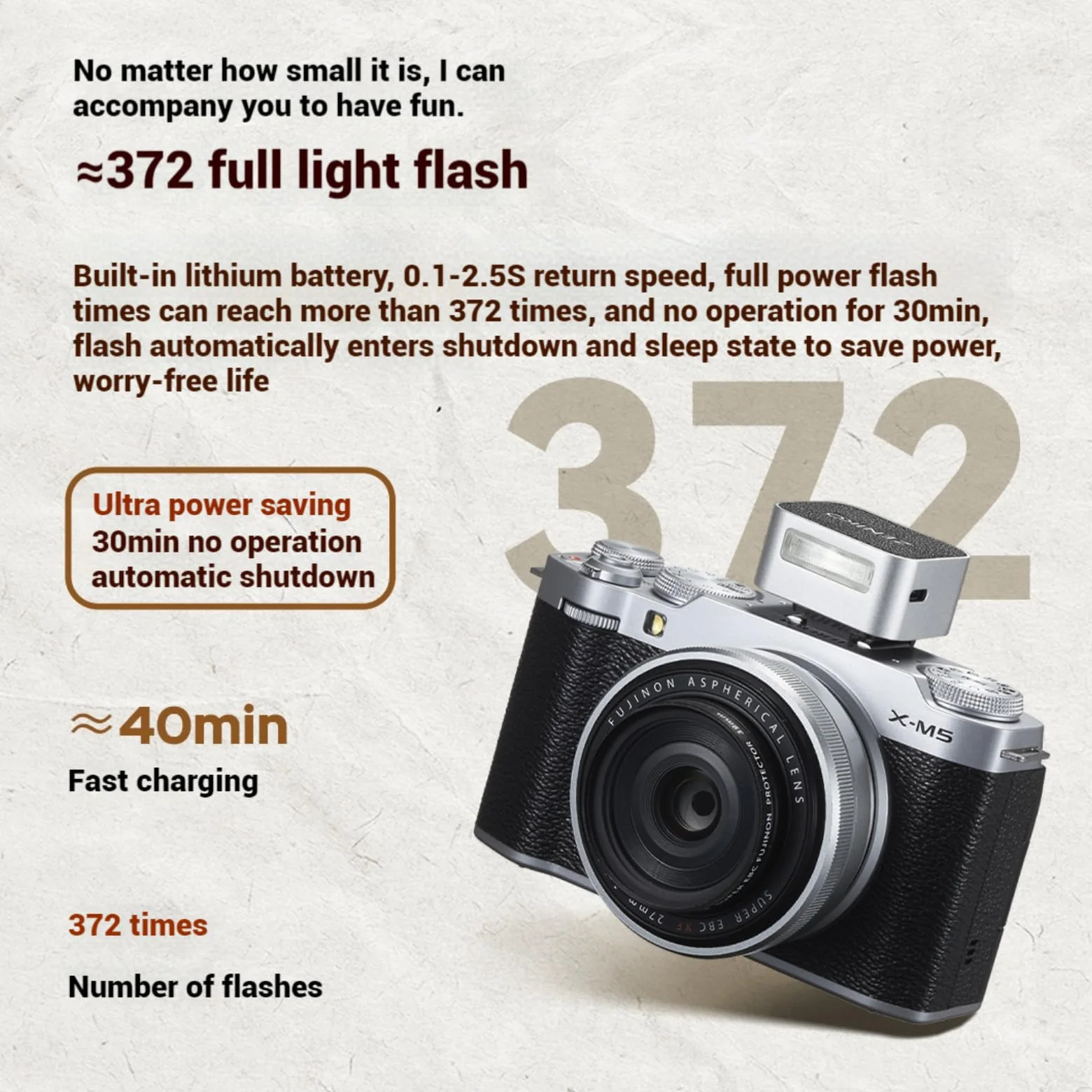 ZΕΝΙΚΟ ZF04 Flash da fotocamera, flash fotografico con 2 livelli di potenza, ricarica di tipo C, attacco universale per slitta a contatto caldo, 372 flash a piena potenza per fotocamere argento
