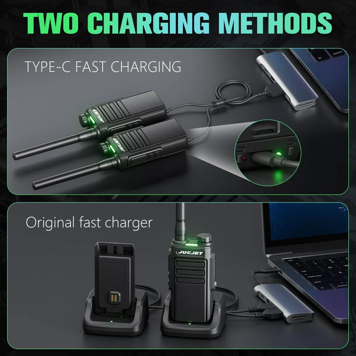 EP31 PMR446 Walkie Talkie, Walkie Talkie ricaricabili impermeabili IP54 con 16 canali, cavo di ricarica TPYE C 2 in 1, con stazione di ricarica USB, auricolari originali(Nero, 2 Pezzi)