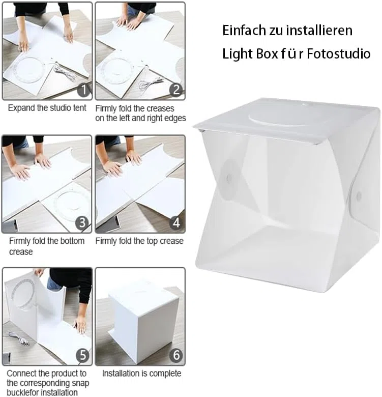 Scatola fotografica pieghevole 20 x 20 cm, 5500 K, set con 3 luci a colori regolabili con illuminazione a 144 LED e 6 sfondi fotografici del prodotto, per gioielli e fotografia di piccole parti