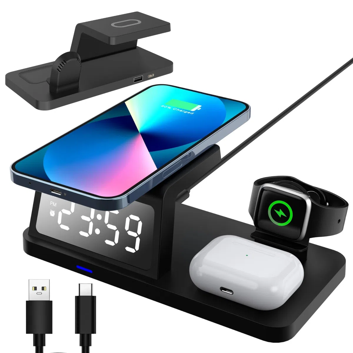 Caricabatterie Wireless Stazione di Ricarica Induttiva 3 in 1 Sveglia per Telefoni Cellulari Smartwatch Cuffie, Caricabatterie Wireless Compatibile con Potenza in Uscita 15W