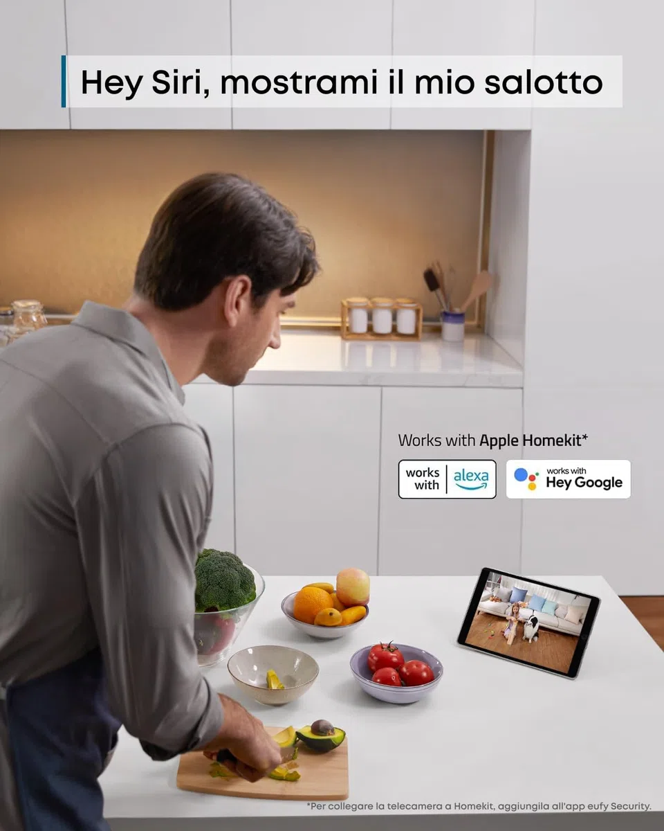 eufy Security IndoorCam E220 telecamera wifi interno, 2K Pan & Tilt, Videosorveglianza con AI per Riconoscimento Persone/Animali, Assistenza Vocale, Visione Notturna, MicroSD non Inclusa