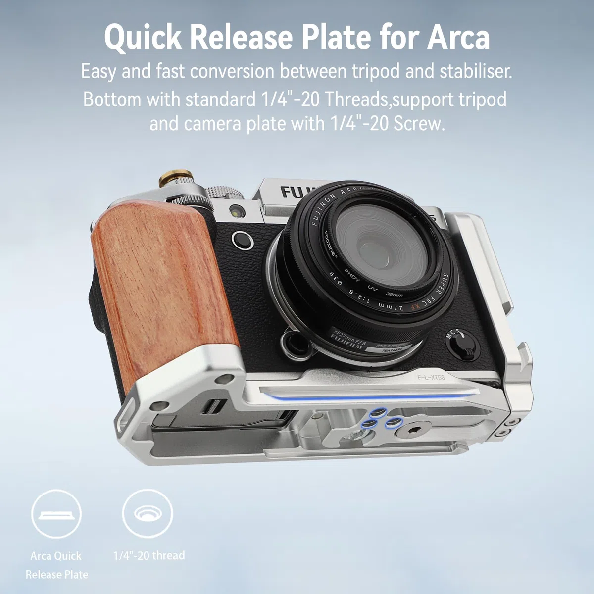 Leftfoto XT5 Maniglia a forma di L con impugnatura in legno per fotocamera Fuj XT5, con piastra a sgancio rapido Arca inferiore integrata, con pulsante di scatto in rame..