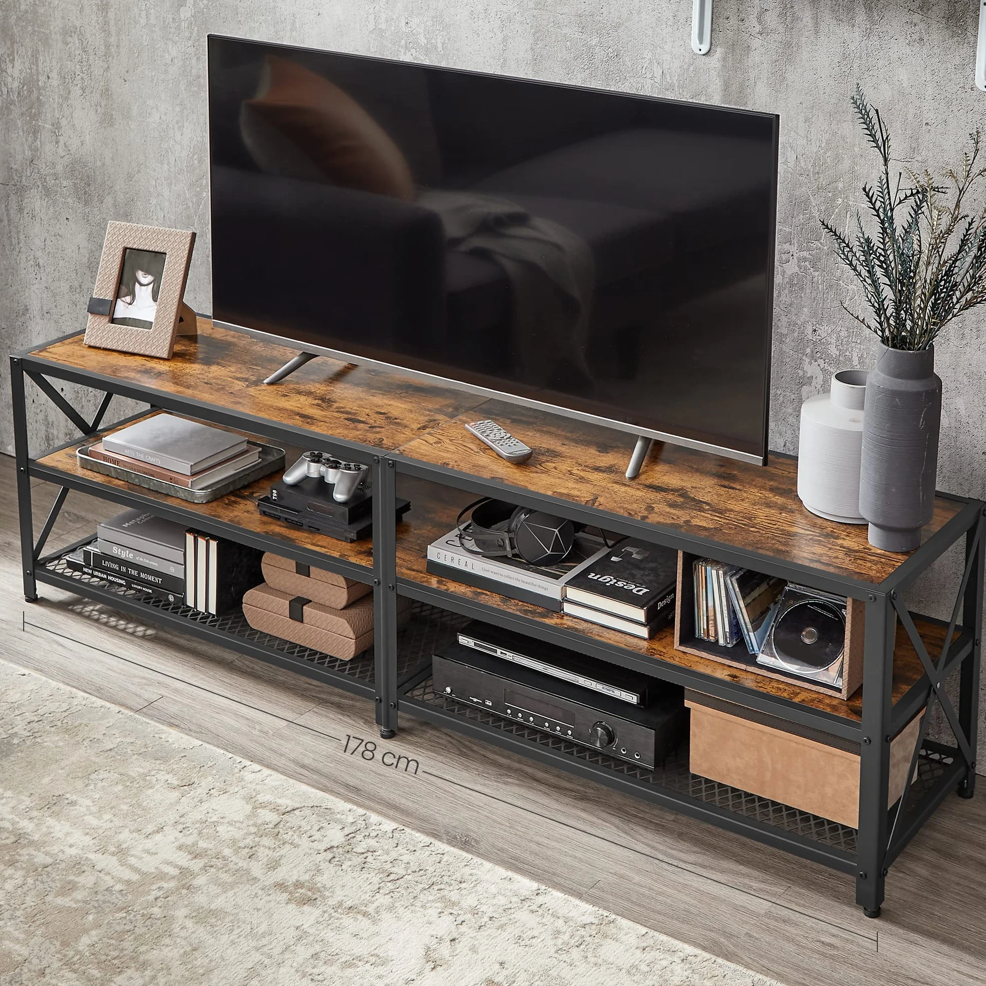 VASAGLE Mobile TV, supporto TV per TV fino a 75 pollici, tavolo da soggiorno, con ripiani in acciaio, per soggiorno, camera da letto, marrone rustico e nero LTV096B01