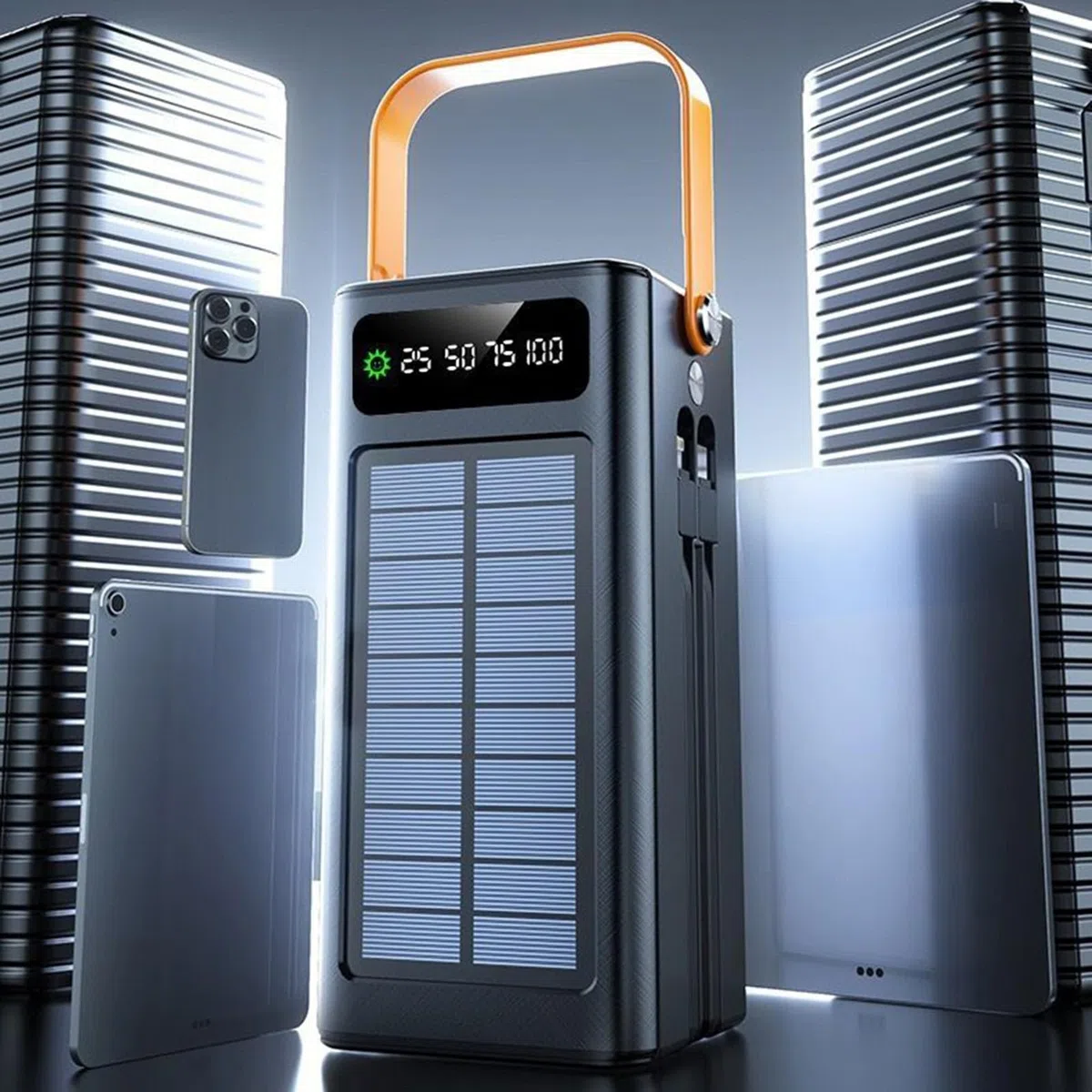 Batteria esterna solare, pacco esterno da 120W, 50000mAh attrezzatura di sopravvivenza con torcia e cavi integrati, unità di ricarica portatile per tutti i dispositivi mobili, viaggi, campeggio ed